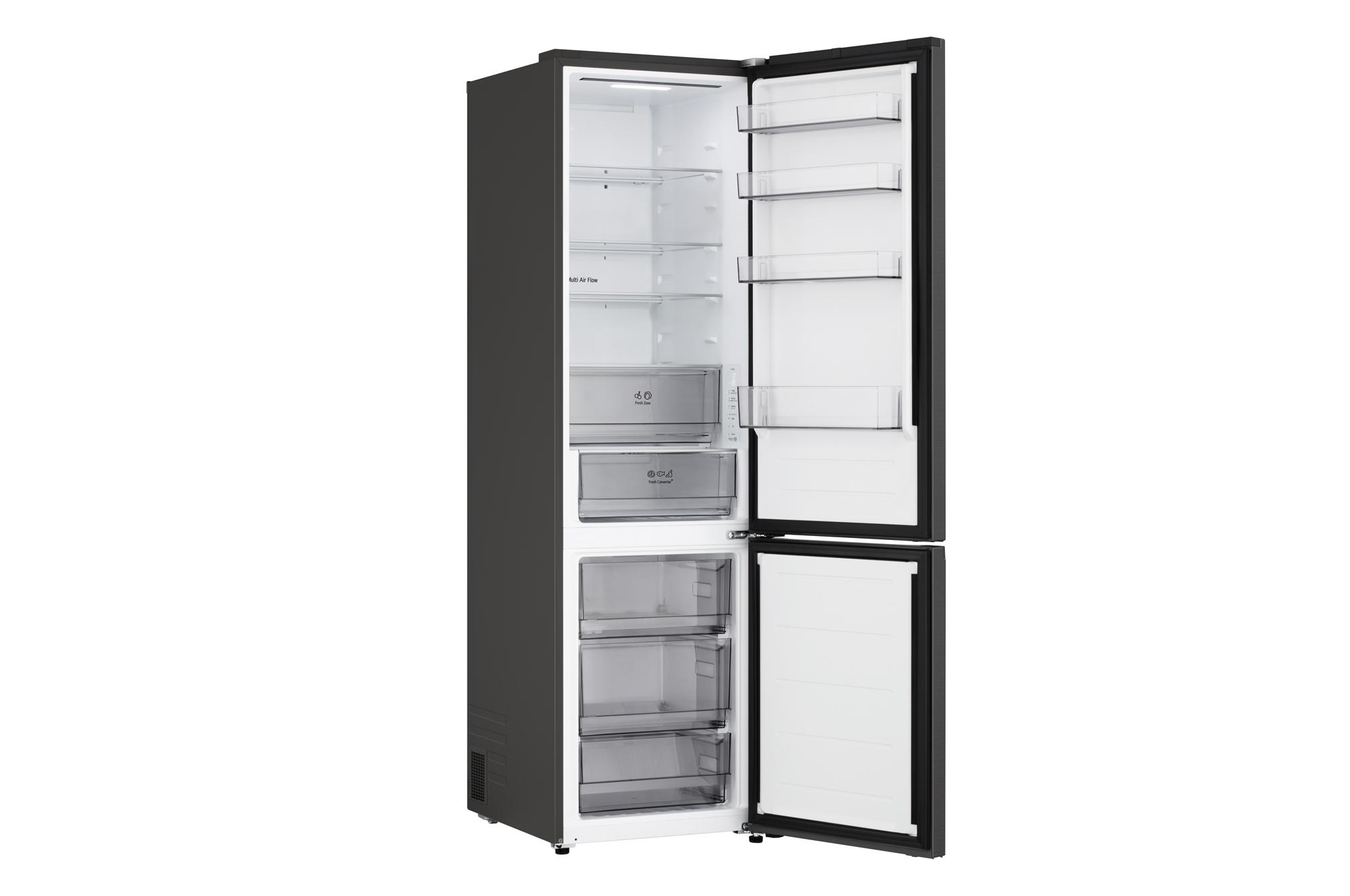 Offener schwarzer Kühlschrank. Im Inneren sind Regale und Schubladen zu sehen. Die Türen sind geöffnet und zeigen das Innere mit Regalen und Schubladen.