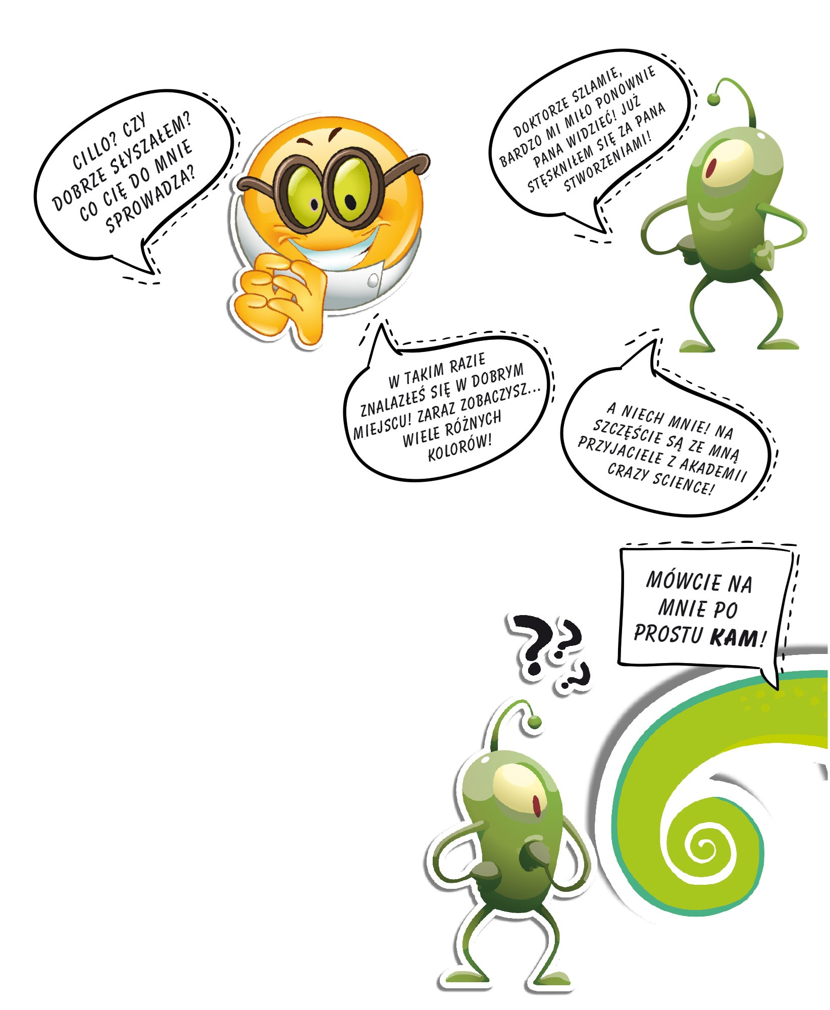 Obraz przedstawia postacie z kreskówek z dymkami. Widoczne są uśmiechnięta buzia, zieloni kosmici i znaki zapytania.