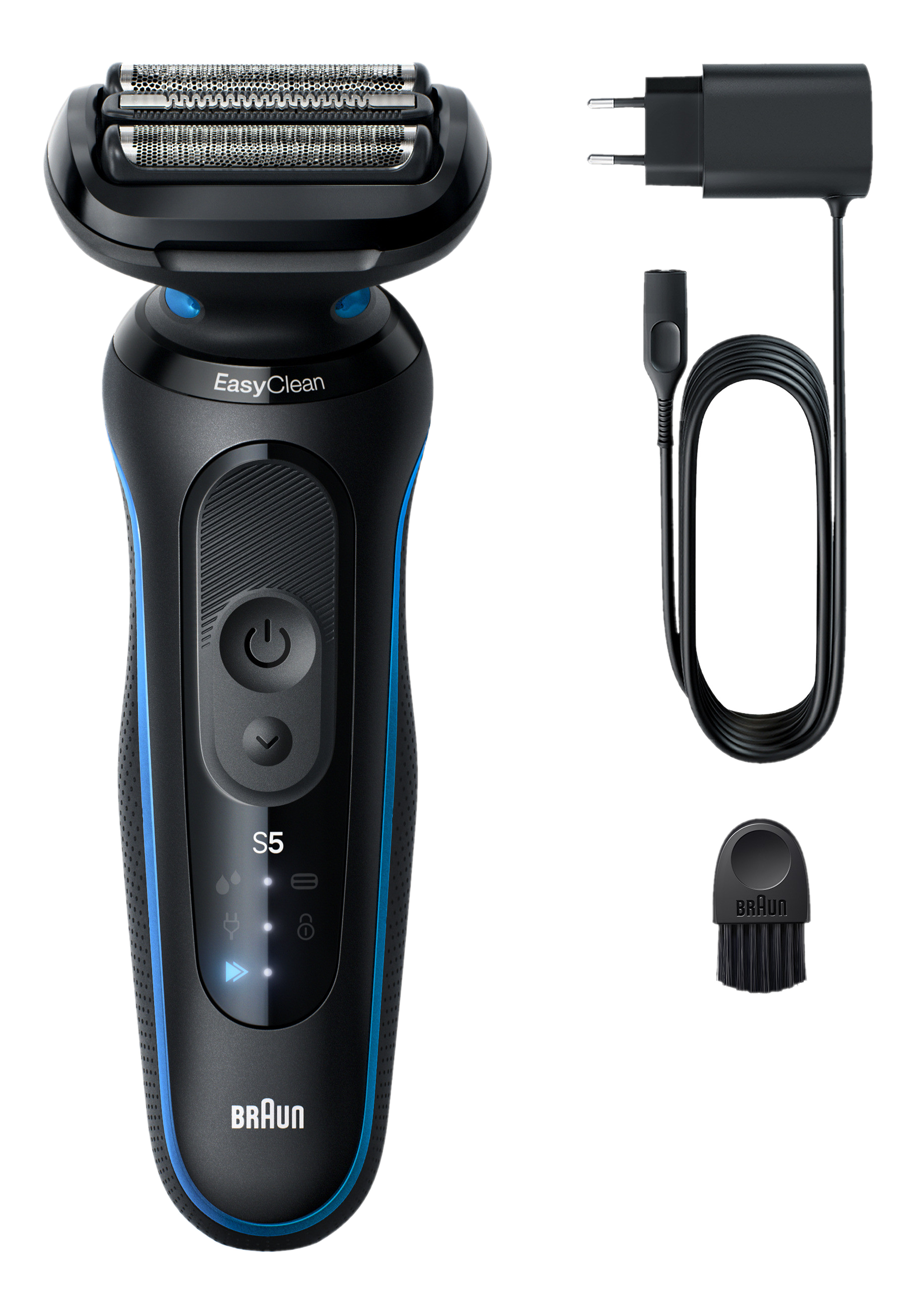 Rasoio elettrico Braun nero con dettagli blu, adattatore di alimentazione, cavo di ricarica e spazzola, su sfondo nero.