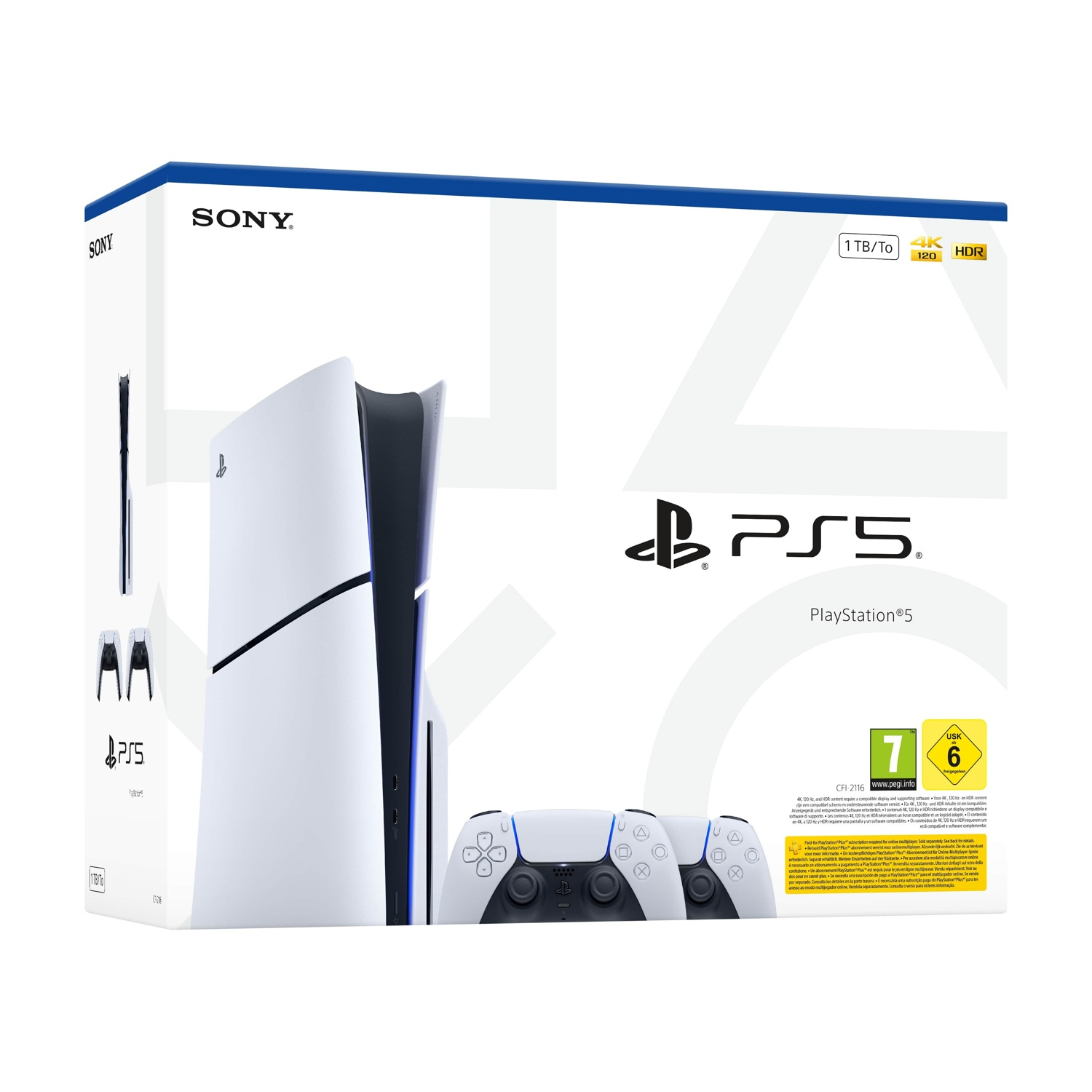 Scatola e console PS5 con controller. Design bianco e nero. Logo Sony visibile.