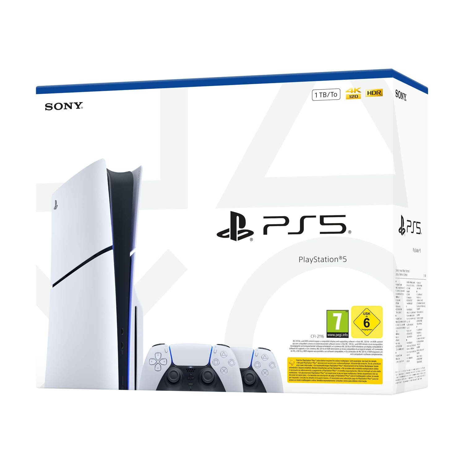 Scatola della console PS5. Console e controller bianchi mostrati. La scatola ha testo, loghi e una striscia blu.