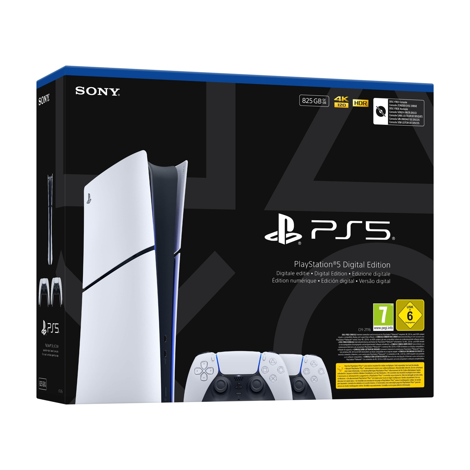 Console PlayStation 5 in scatola con controller. Console bianca, scatola nera con logo, controller in basso.