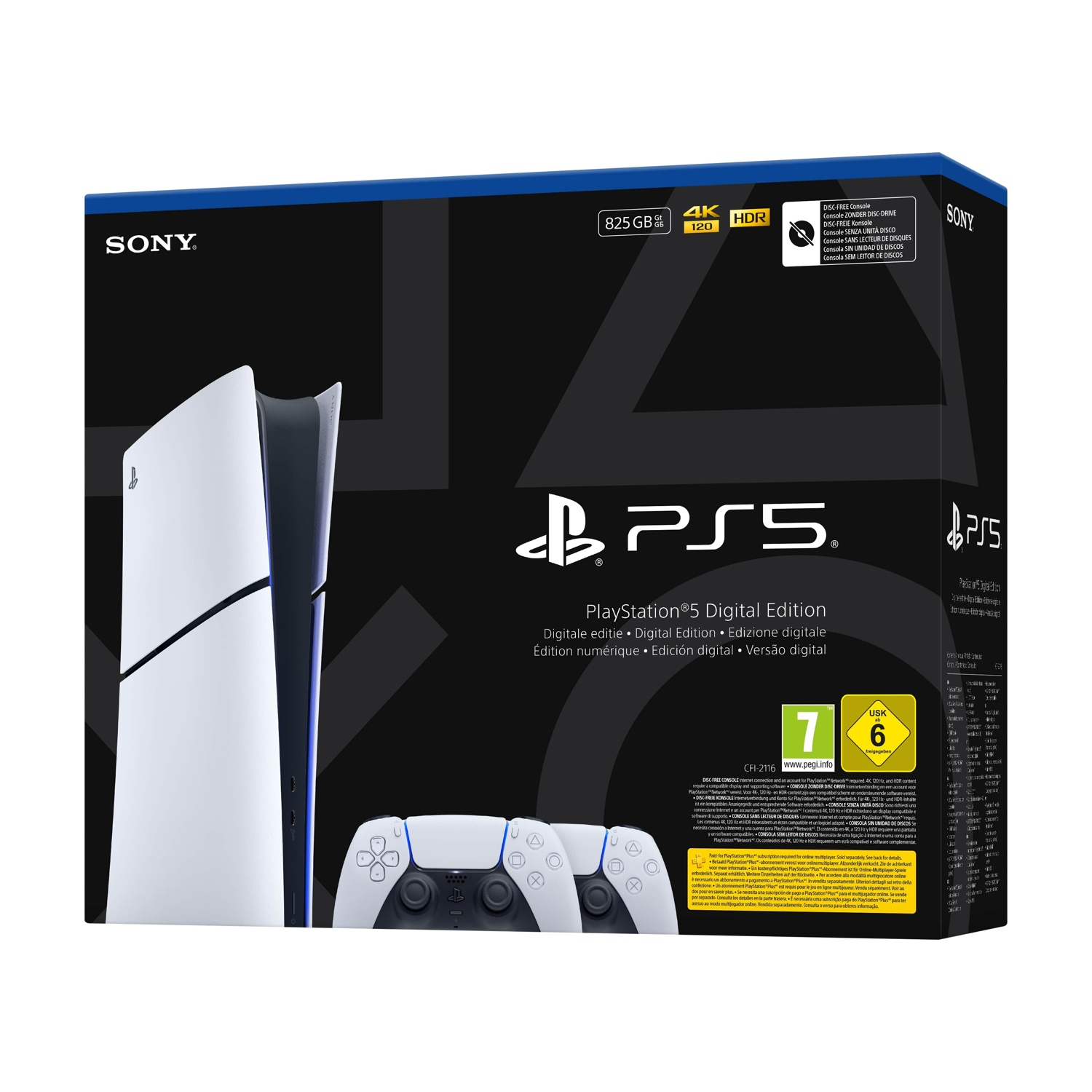 Scatola PS5 Digital Edition con immagine console, controller e funzioni come 4K e HDR.