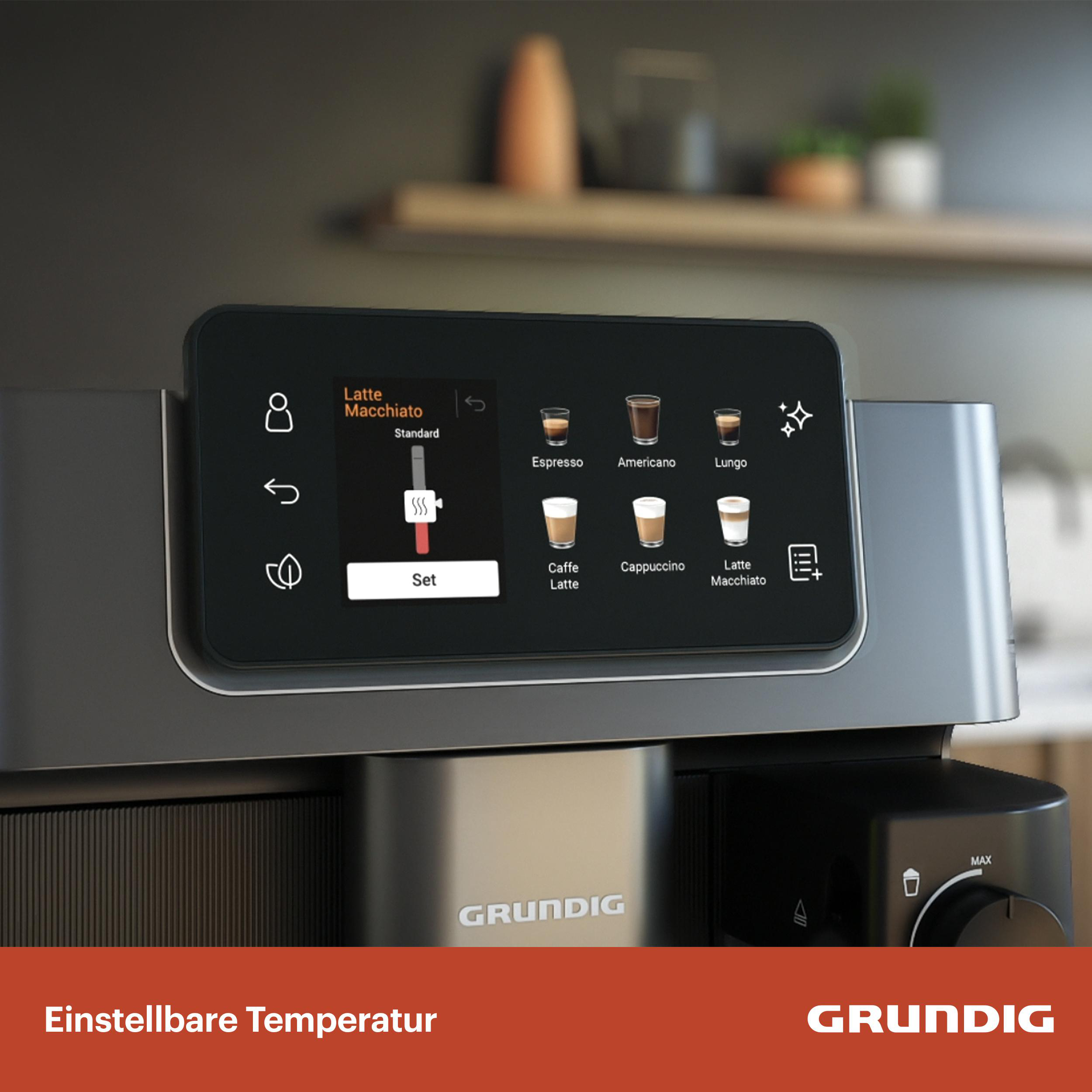 Eine Kaffeemaschine mit Bildschirm, auf dem Kaffeeoptionen angezeigt werden. Unten ist das Grundig-Logo.