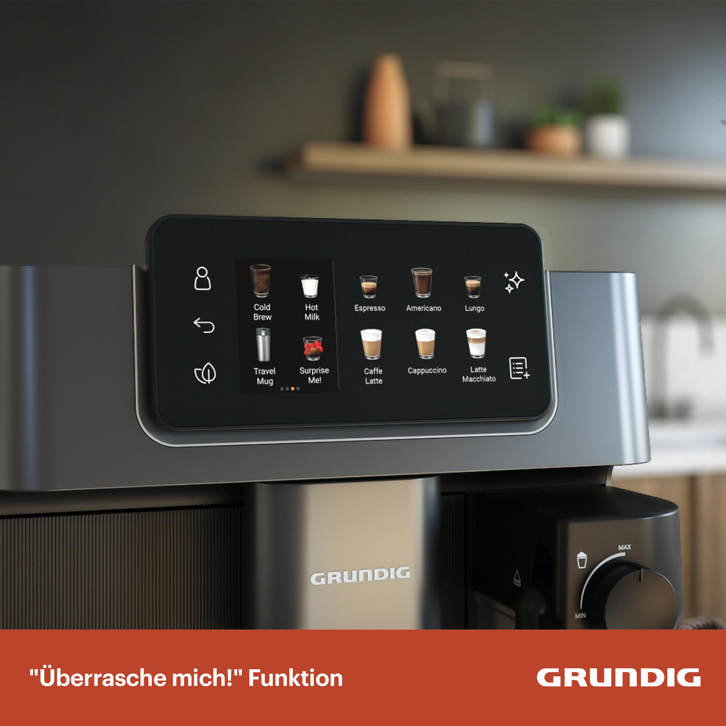 Eine Grundig Kaffeemaschine mit Touchscreen. Verschiedene Kaffeesorten werden angezeigt. Die Maschine hat einen Drehknopf und das Grundig-Logo.