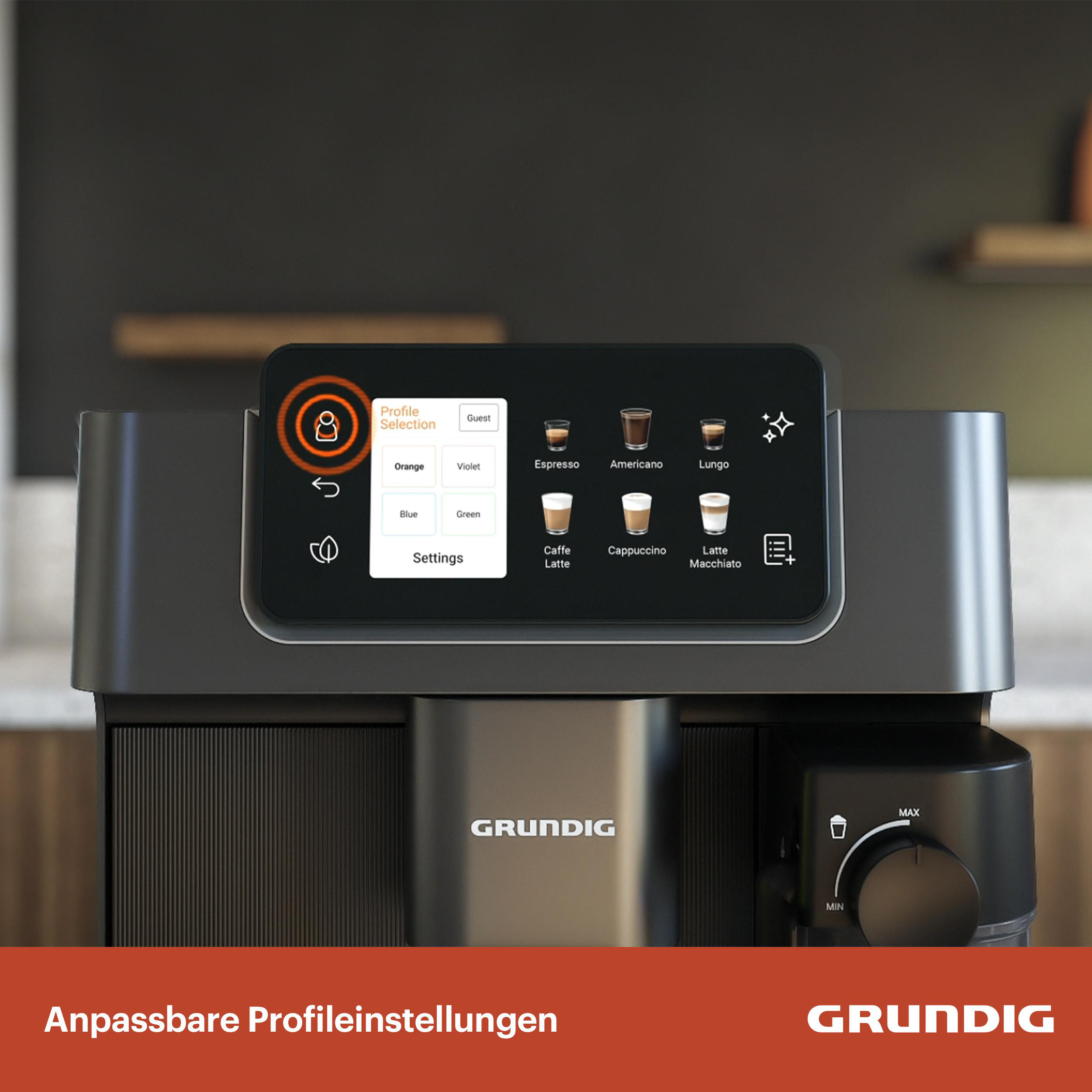 Eine Kaffeemaschine mit Touchscreen. Es werden Kaffeesorten und Profileinstellungen angezeigt. Die Marke ist GRUNDIG.