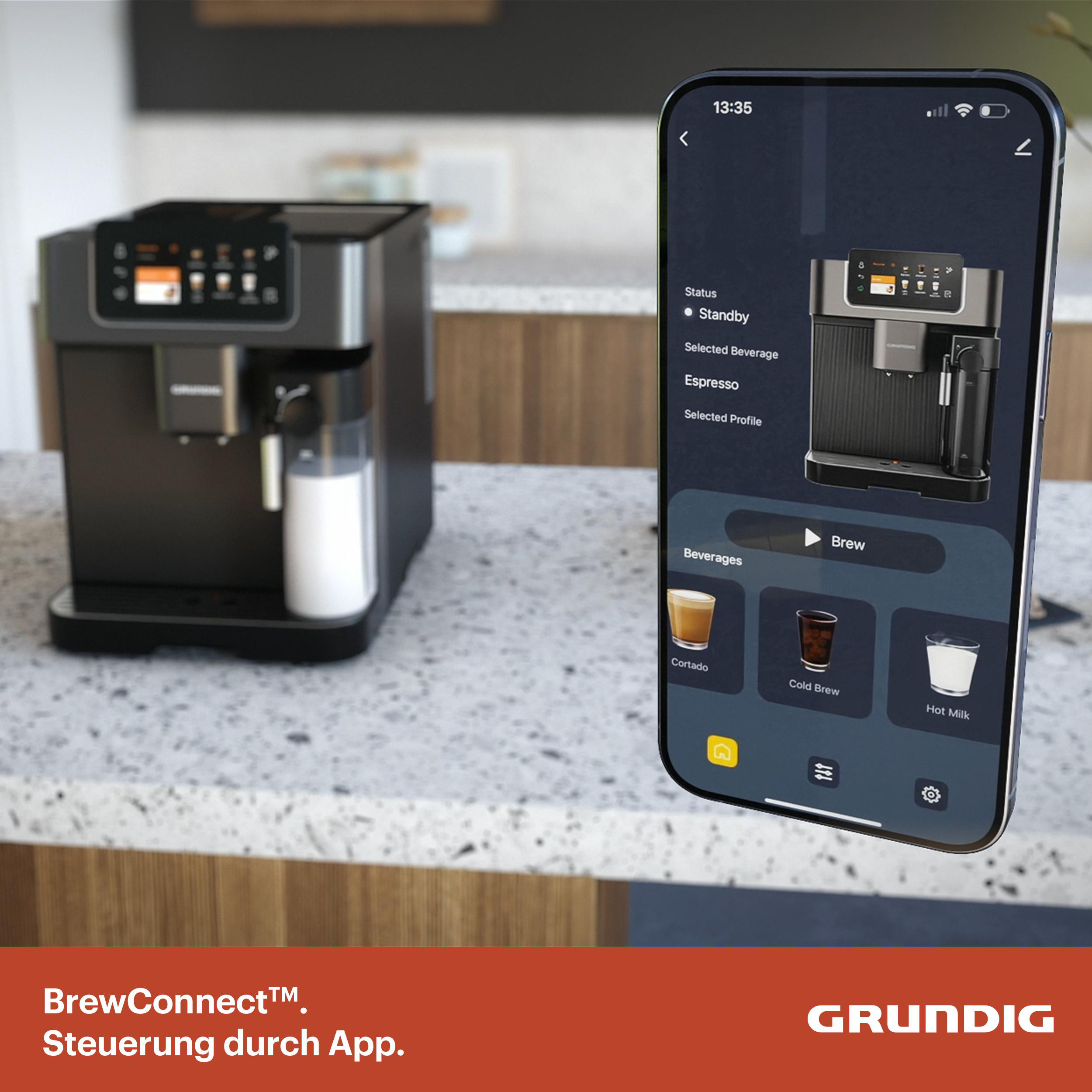 Kaffeemaschine mit App auf dem Handy. Die App zeigt Kaffeeoptionen. Unten ist ein Grundig-Logo.