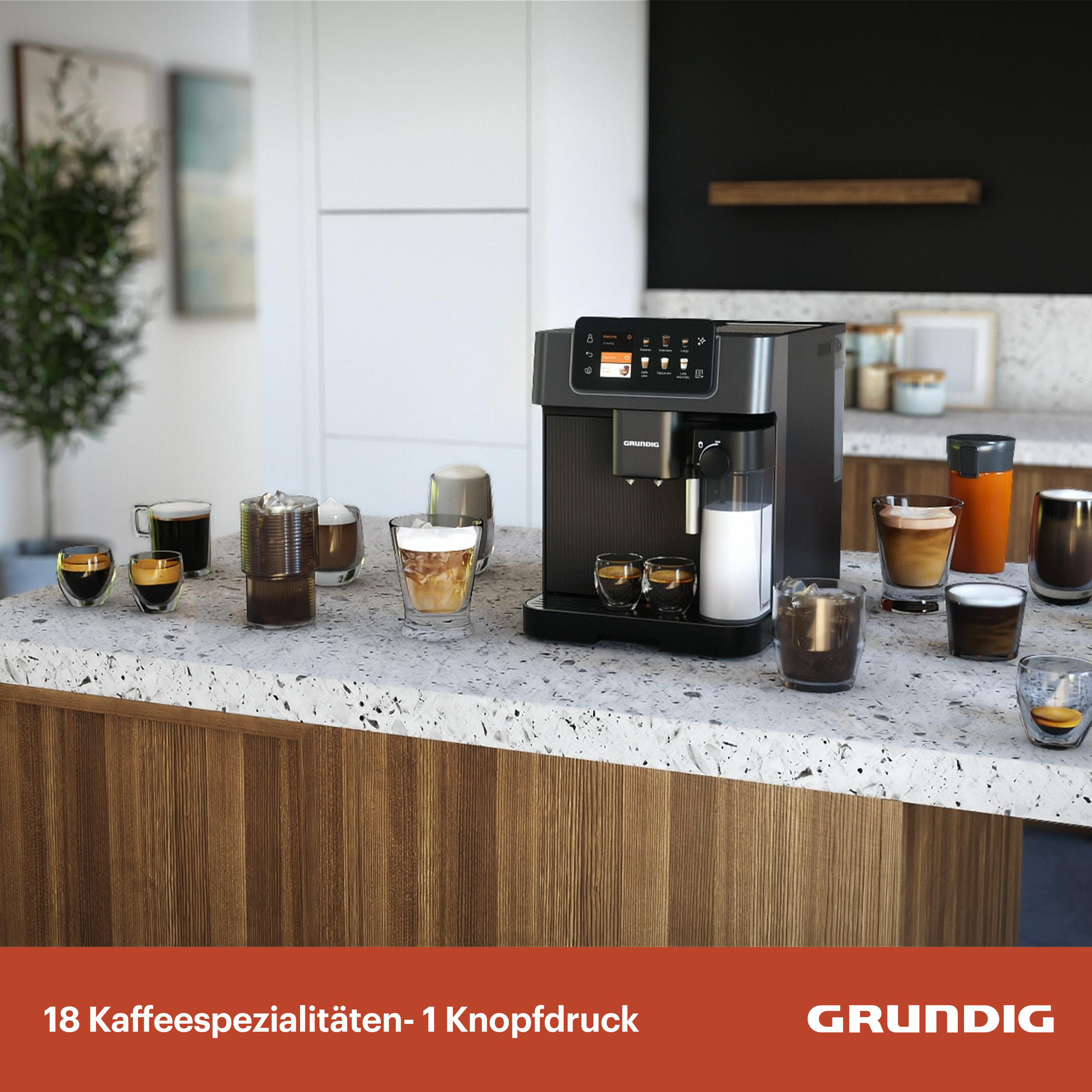 Kaffeemaschine mit verschiedenen Kaffeegetränken und Gläsern auf der Arbeitsplatte. Hintergrund ist eine Küche und das Grundig-Logo.
