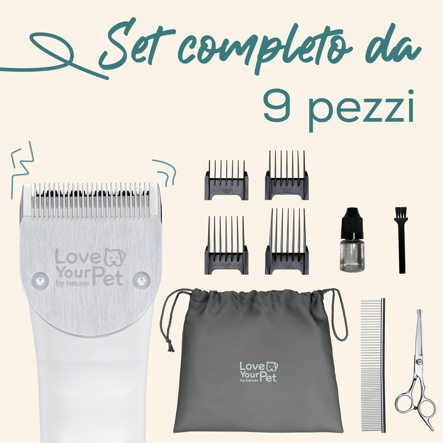 Set completo per la toelettatura degli animali domestici con tosatrice, lame, pettini, forbici e accessori. Il set include un sacchetto grigio e un pettine.