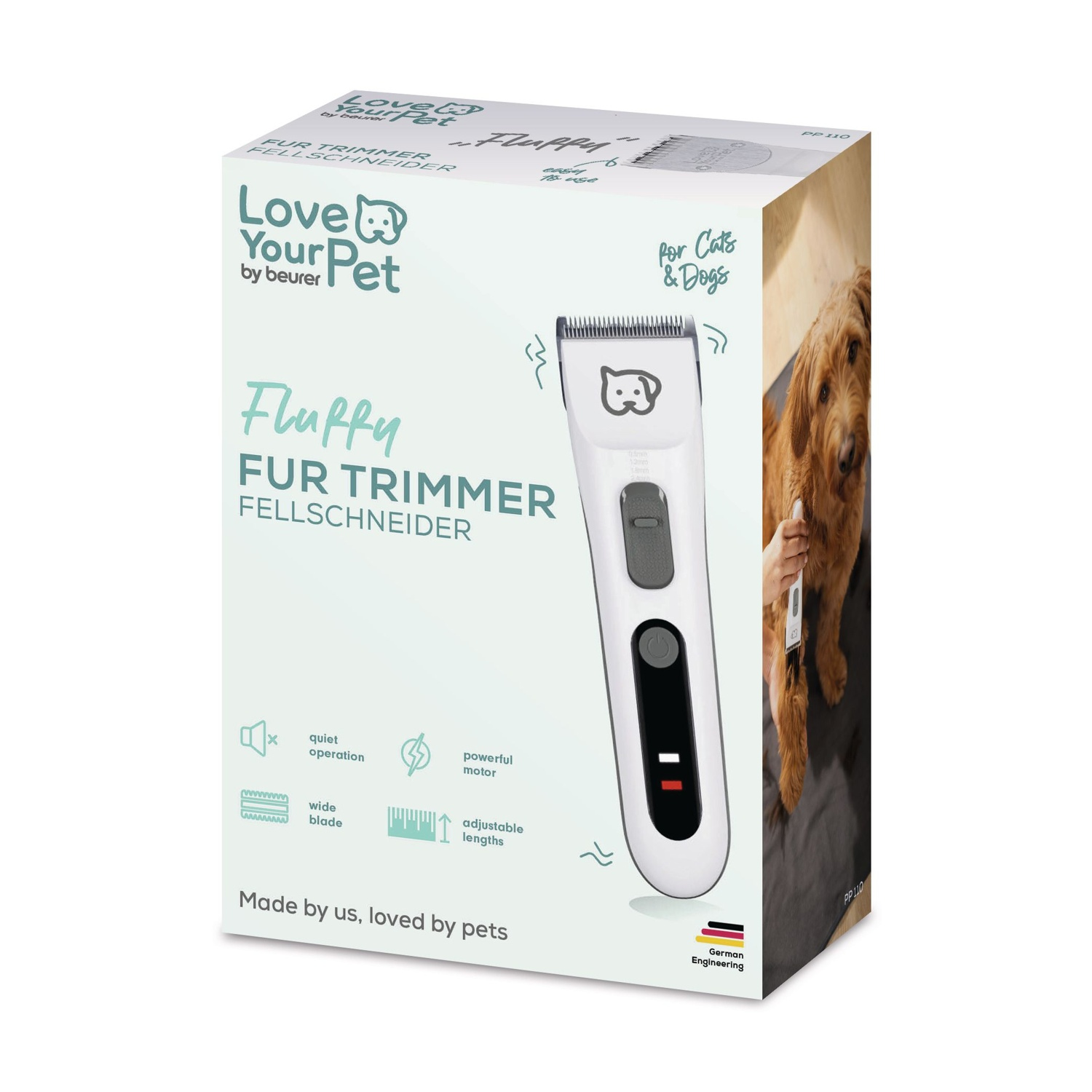 Scatola di tosatrici per peli di animali domestici. Tosatrice bianca sulla scatola. Cane a destra. Testo: Love Your Pet, Fluffy e For Cats & Dogs.