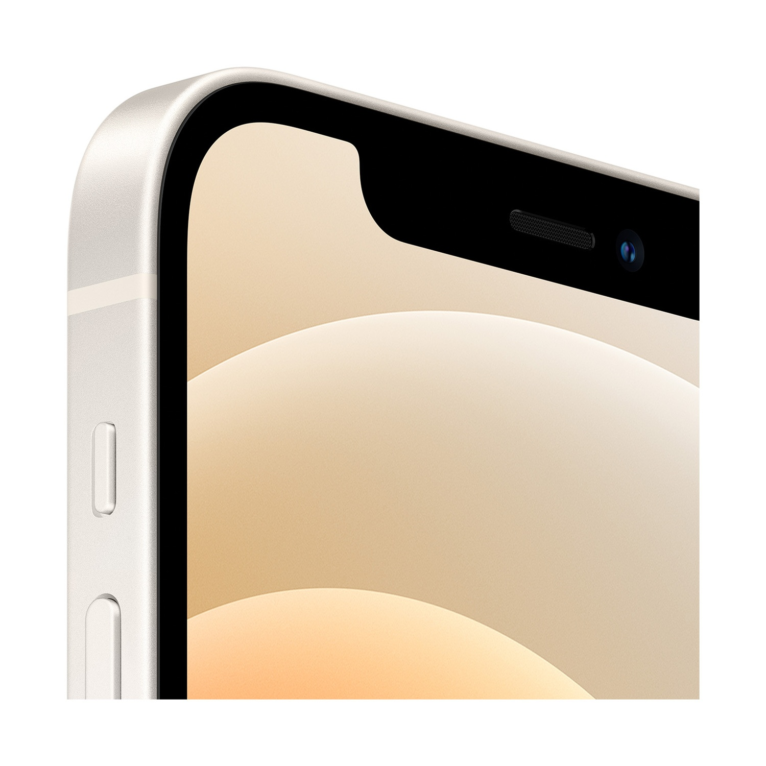 Primo piano di uno smartphone. Mostra schermo, fotocamera e pulsanti laterali. I colori sono bianco, nero e beige.