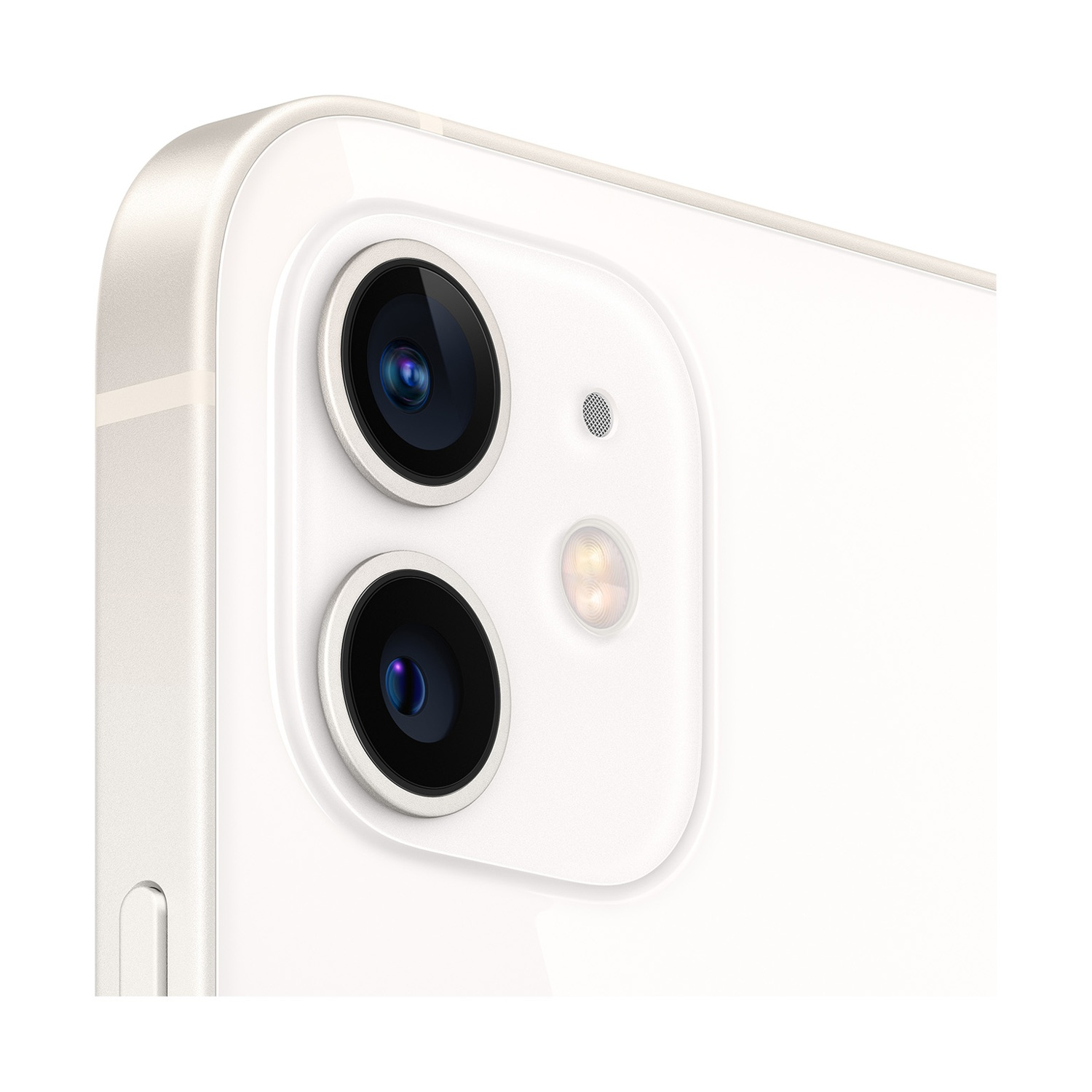 Primo piano del modulo fotocamera di uno smartphone bianco. Sono visibili due obiettivi neri, un piccolo microfono e un flash.