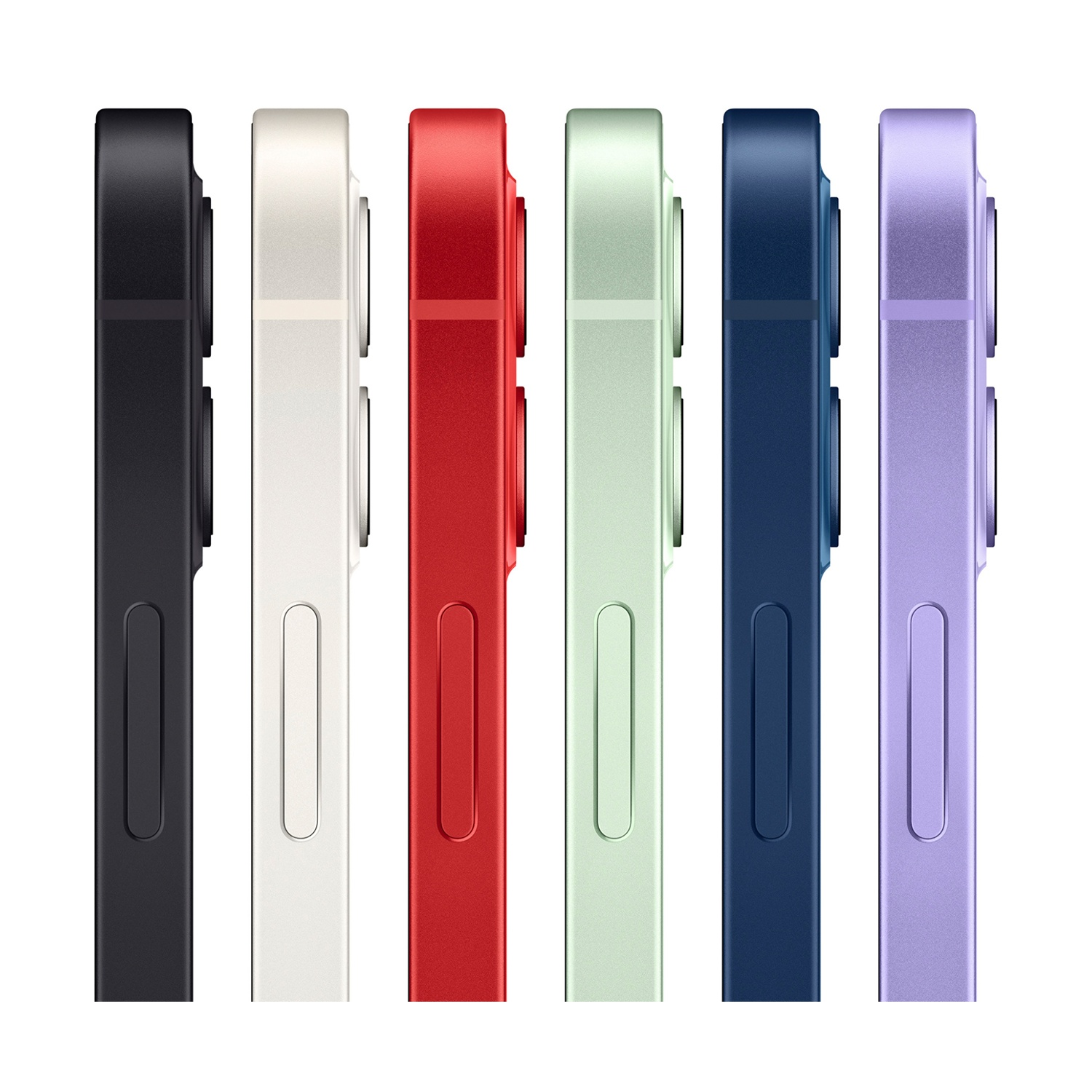 Sei smartphone colorati sono disposti verticalmente. Ogni telefono ha un colore diverso: nero, bianco, rosso, verde, blu e viola.