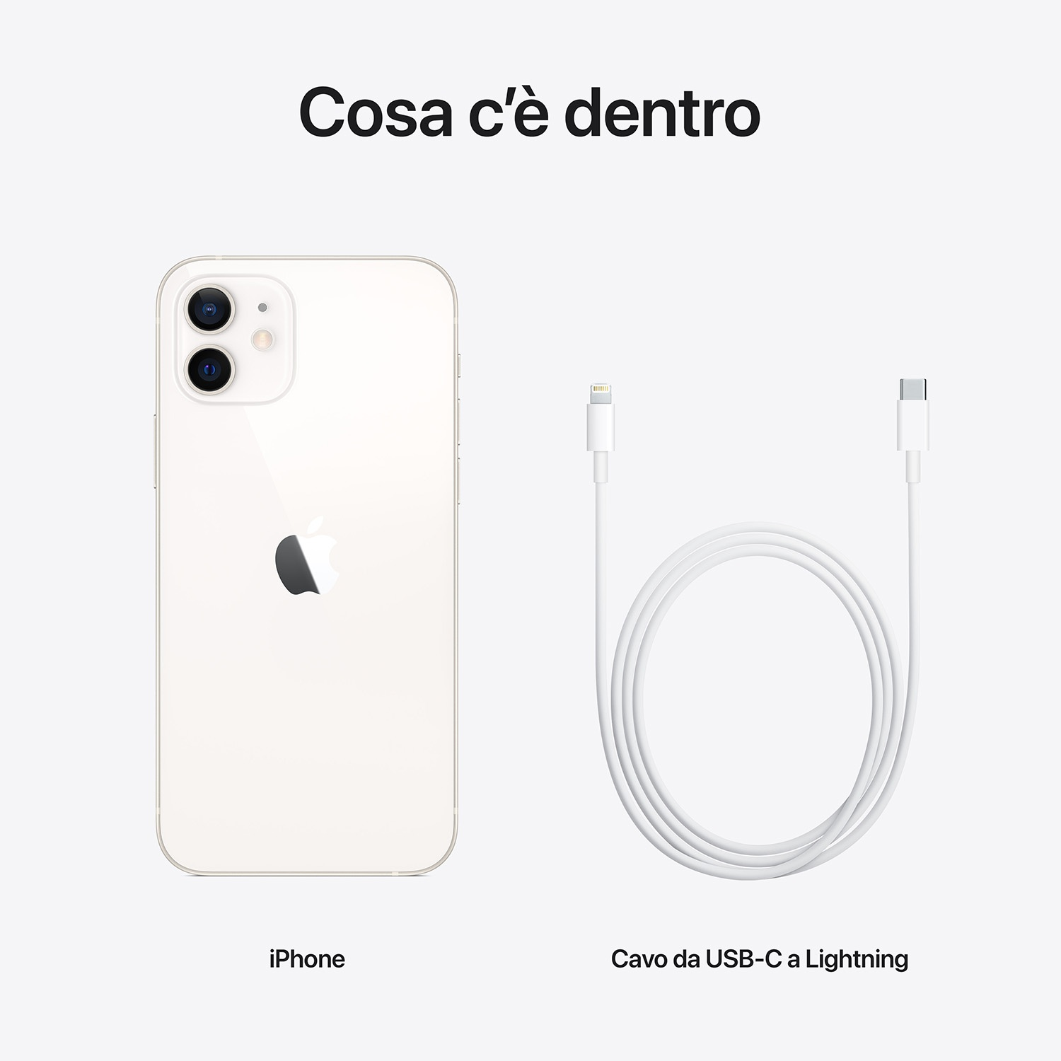 L'immagine mostra un iPhone e un cavo da USB-C a Lightning su sfondo bianco. Il telefono è bianco con il logo Apple.
