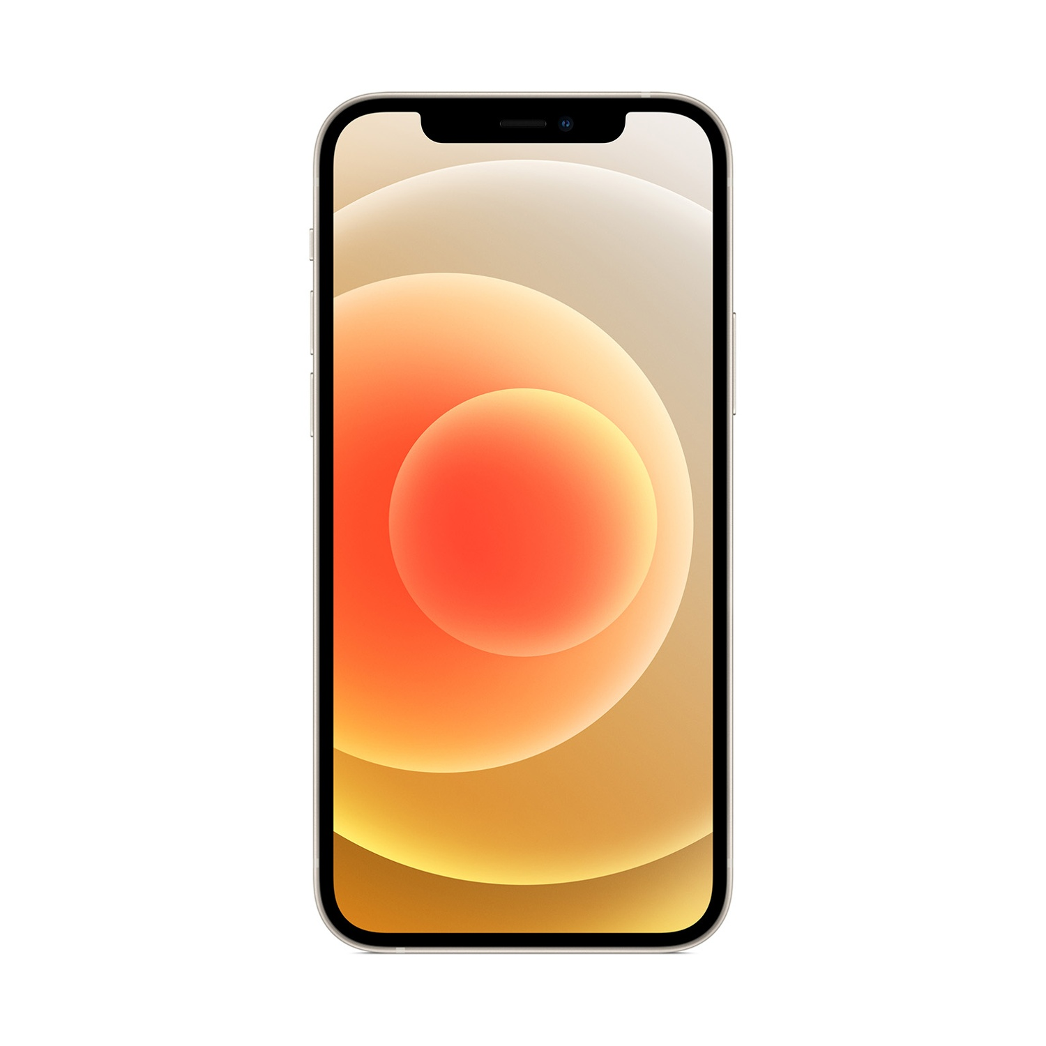 Uno smartphone con schermo nero che mostra cerchi sfumati arancioni e dorati su sfondo bianco.