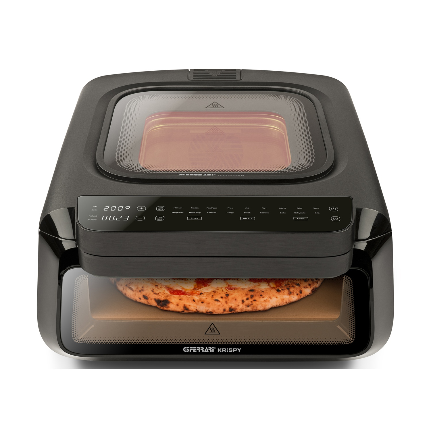 Un forno per pizza nero da banco con porta in vetro, che mostra una pizza cotta su base di pietra e comandi digitali.