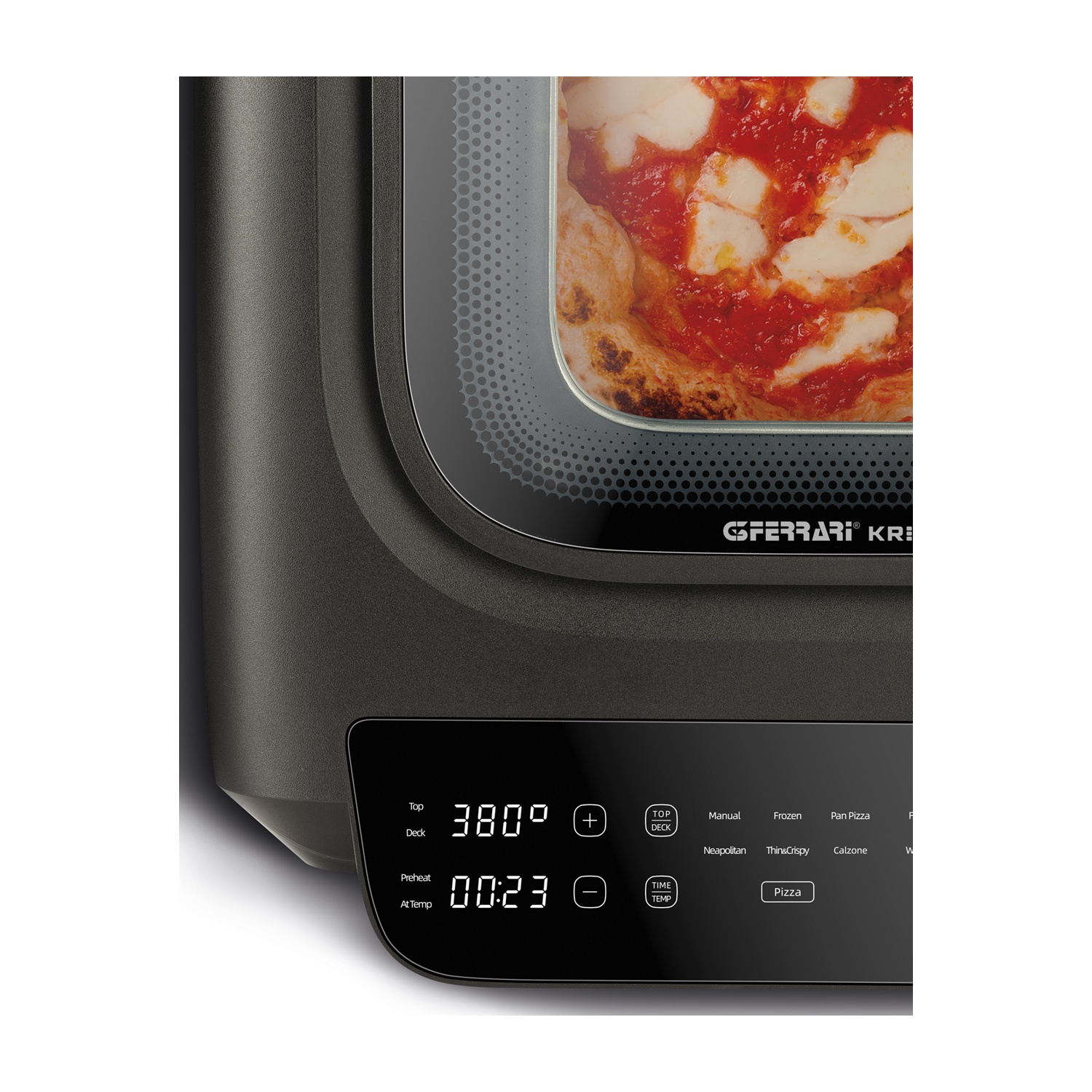 Un forno per pizza mostra una pizza all'interno del vetro. Il pannello di controllo mostra la temperatura, il tempo e le impostazioni della pizza.