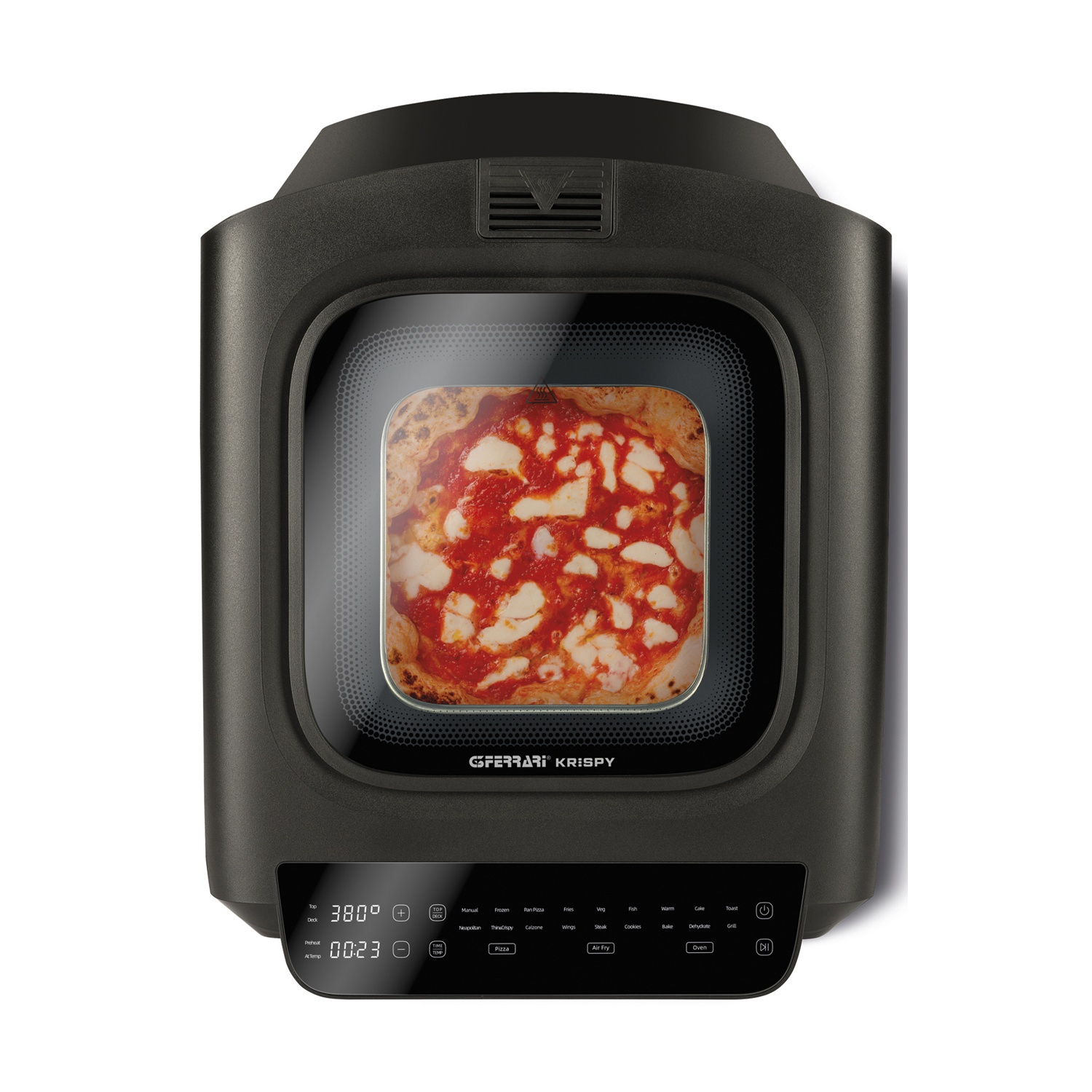 Un forno per pizza con una pizza all'interno. Ha un display digitale e pulsanti. Il forno è nero con una porta di vetro.