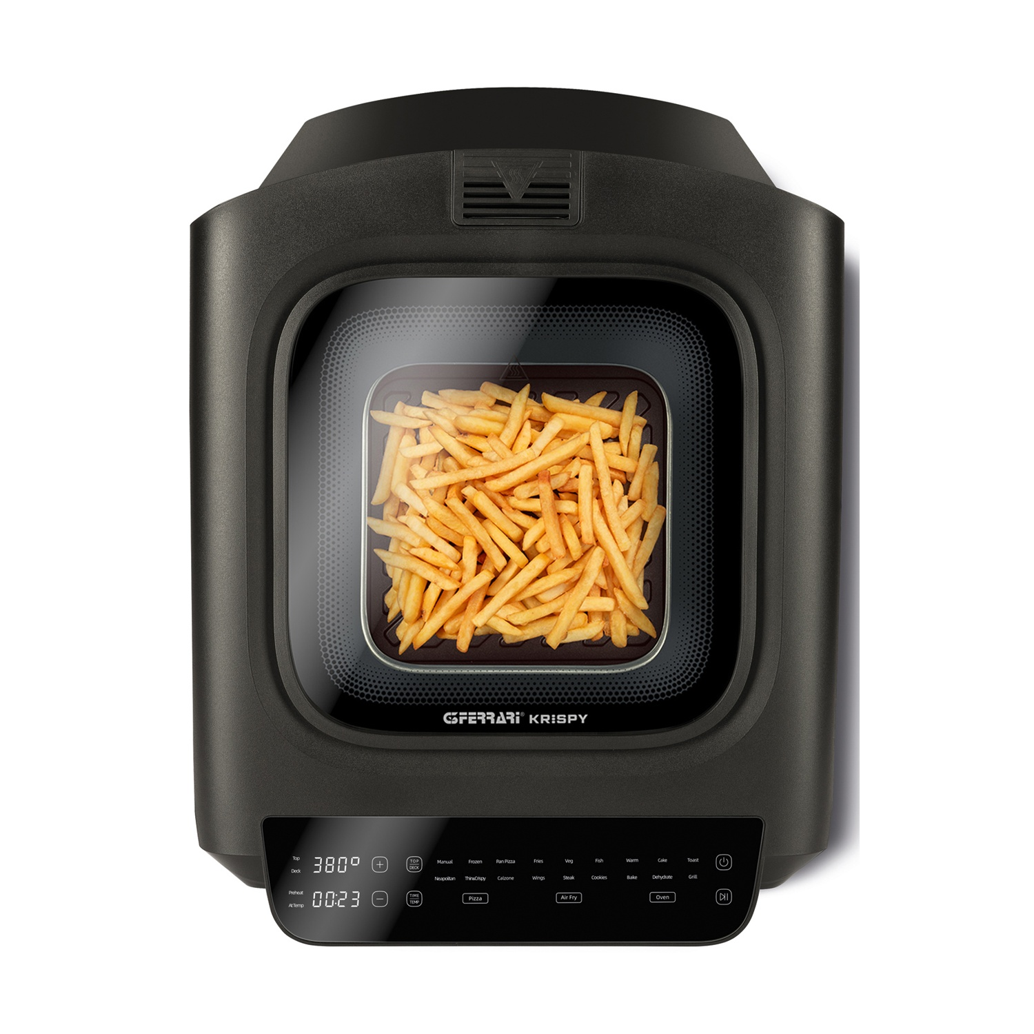 Una friggitrice ad aria con un cestello di patatine fritte visibile attraverso una finestra di vetro. Il pannello di controllo mostra la temperatura, il tempo e le opzioni di cottura.