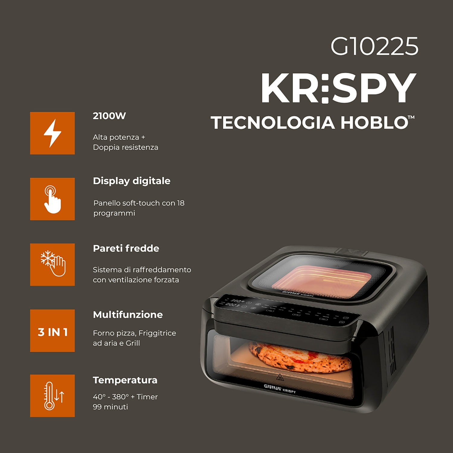 Un forno ad aria con pizza all'interno. Ha un display digitale e varie funzioni. Il marchio è KR:SPY.