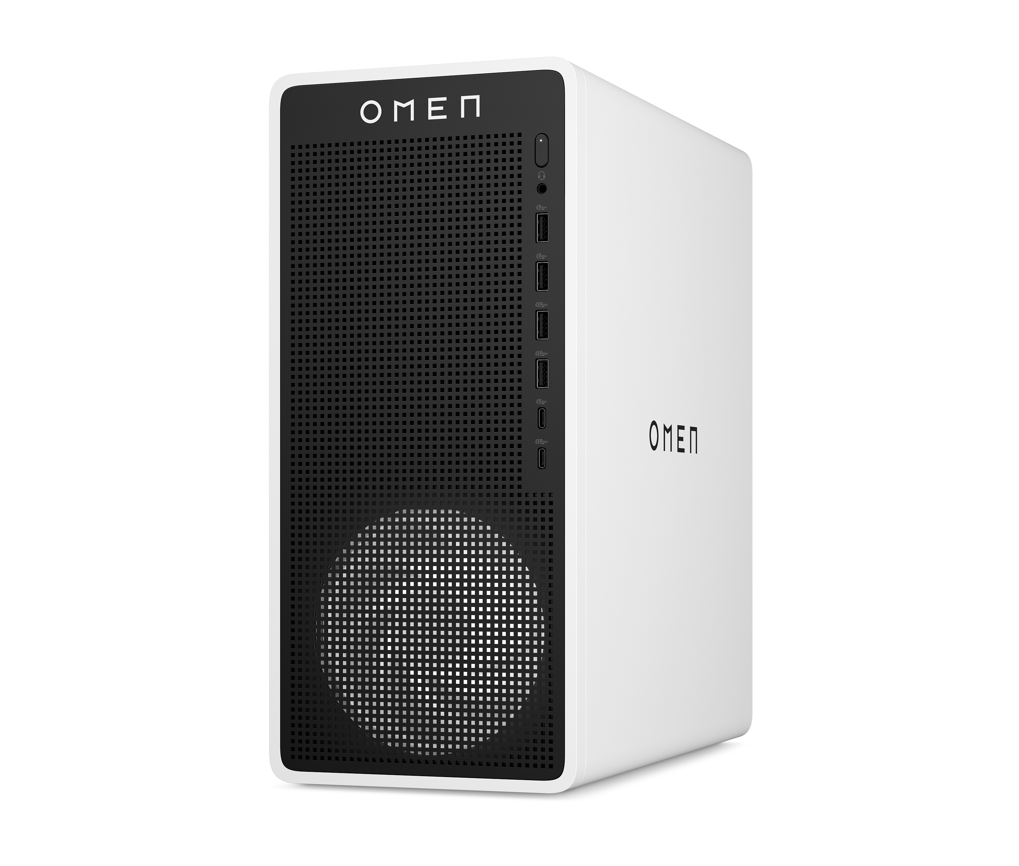 Un boîtier d'ordinateur OMEN blanc et noir. Il a le logo OMEN, des ports et un panneau avant perforé.