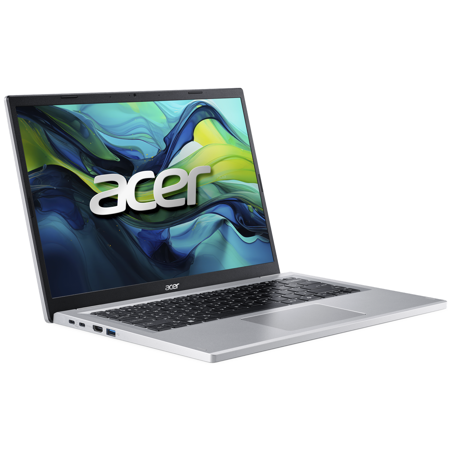 Silver Acer laptop open, screen displays Acer logo and abstract art. Keyboard visible. Set against a white background.