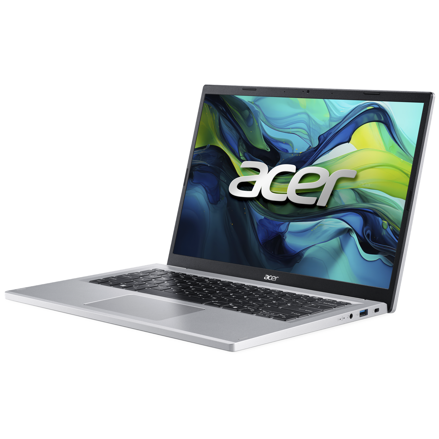 Silver Acer laptop open, displaying a colorful abstract image. The Acer logo is prominently displayed on the screen.