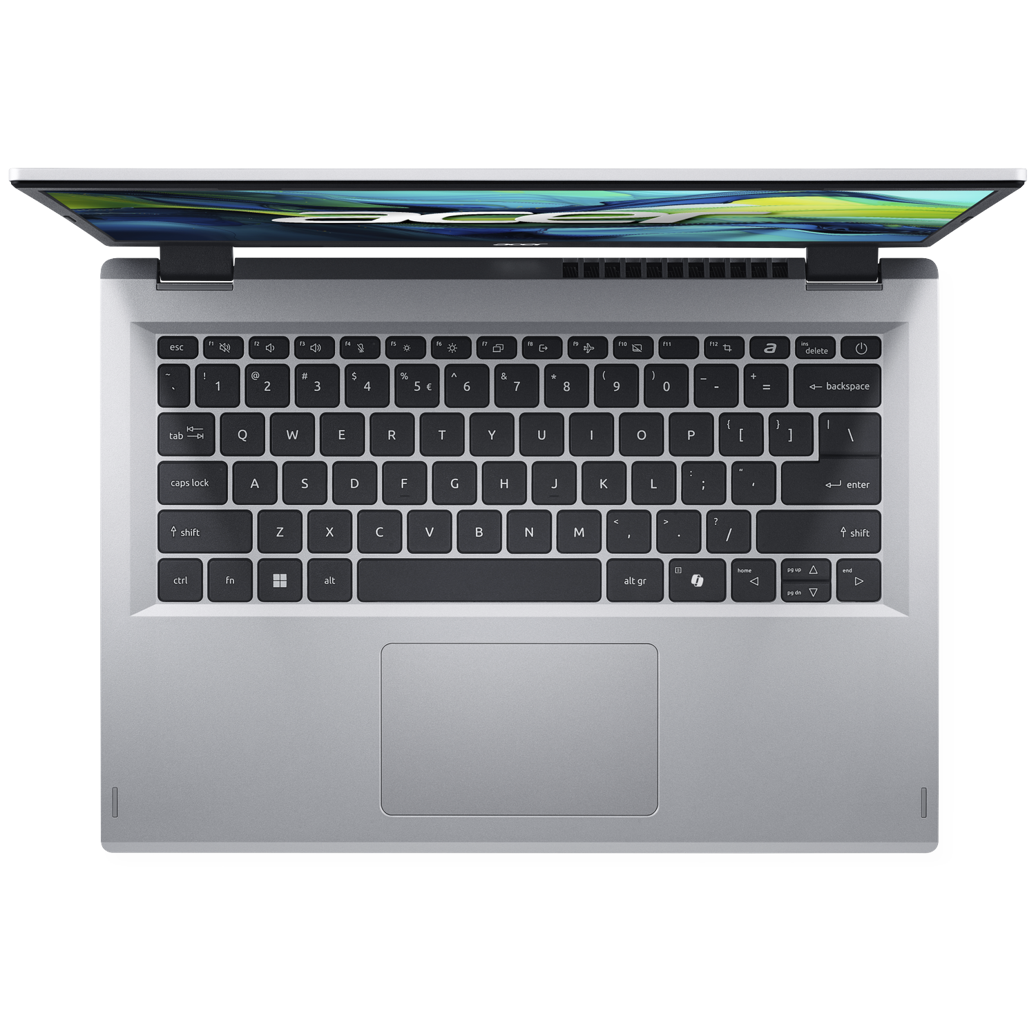 Overhead view of a silver laptop. The screen is open, displaying a colorful image. Keyboard and touchpad are visible.