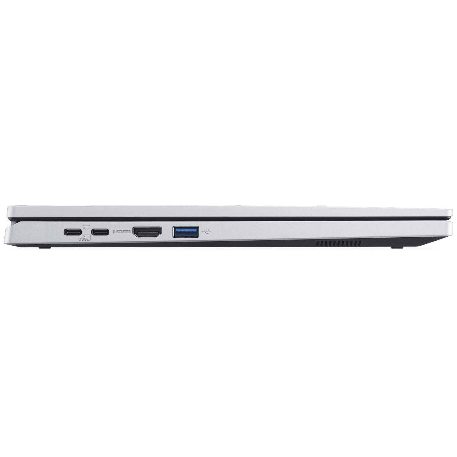 Side view of a silver laptop. Visible ports include USB-C, HDMI, and USB. Black vent at the bottom. White background.