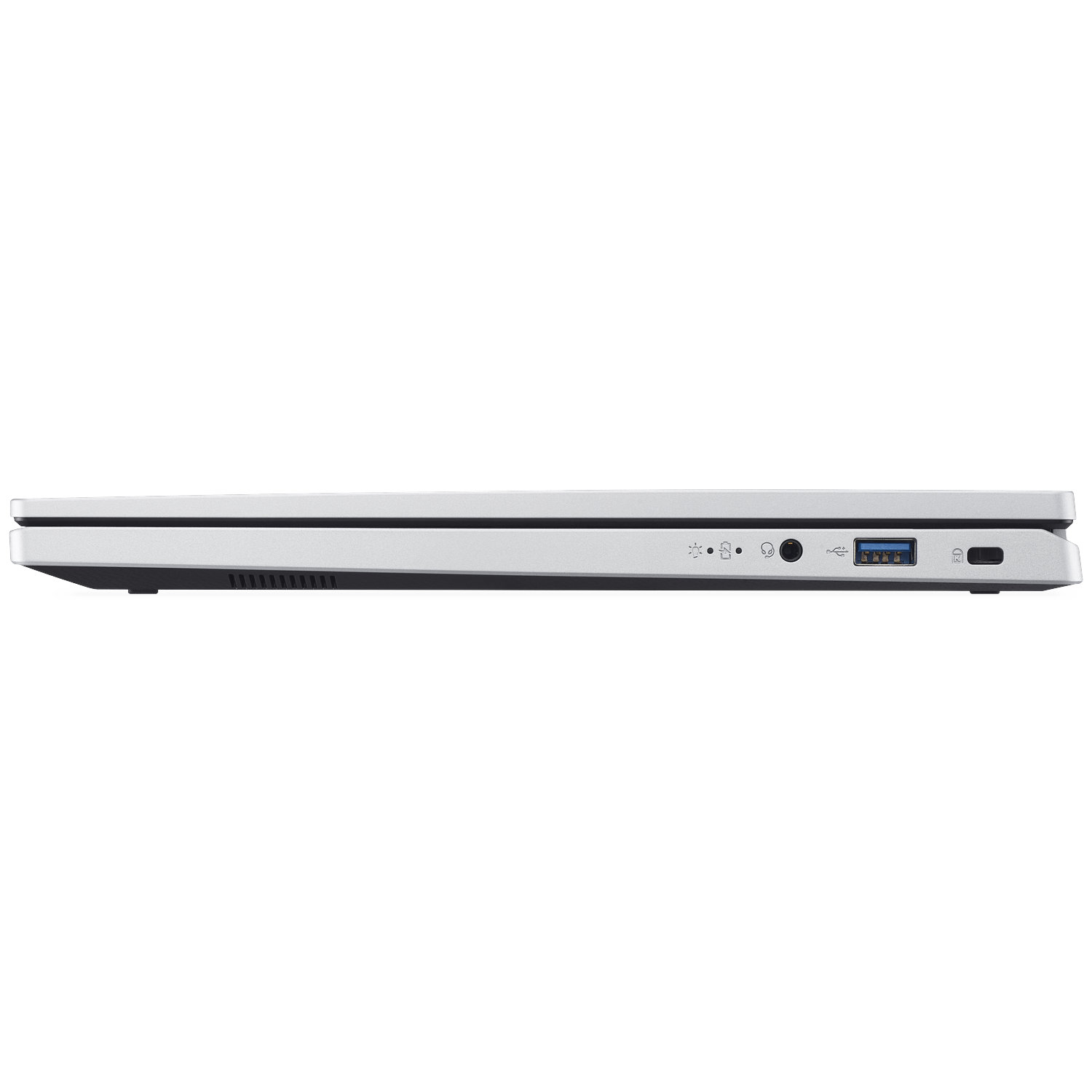 Side view of a silver laptop. Visible ports include USB, audio, and power. The laptop is on a white background.