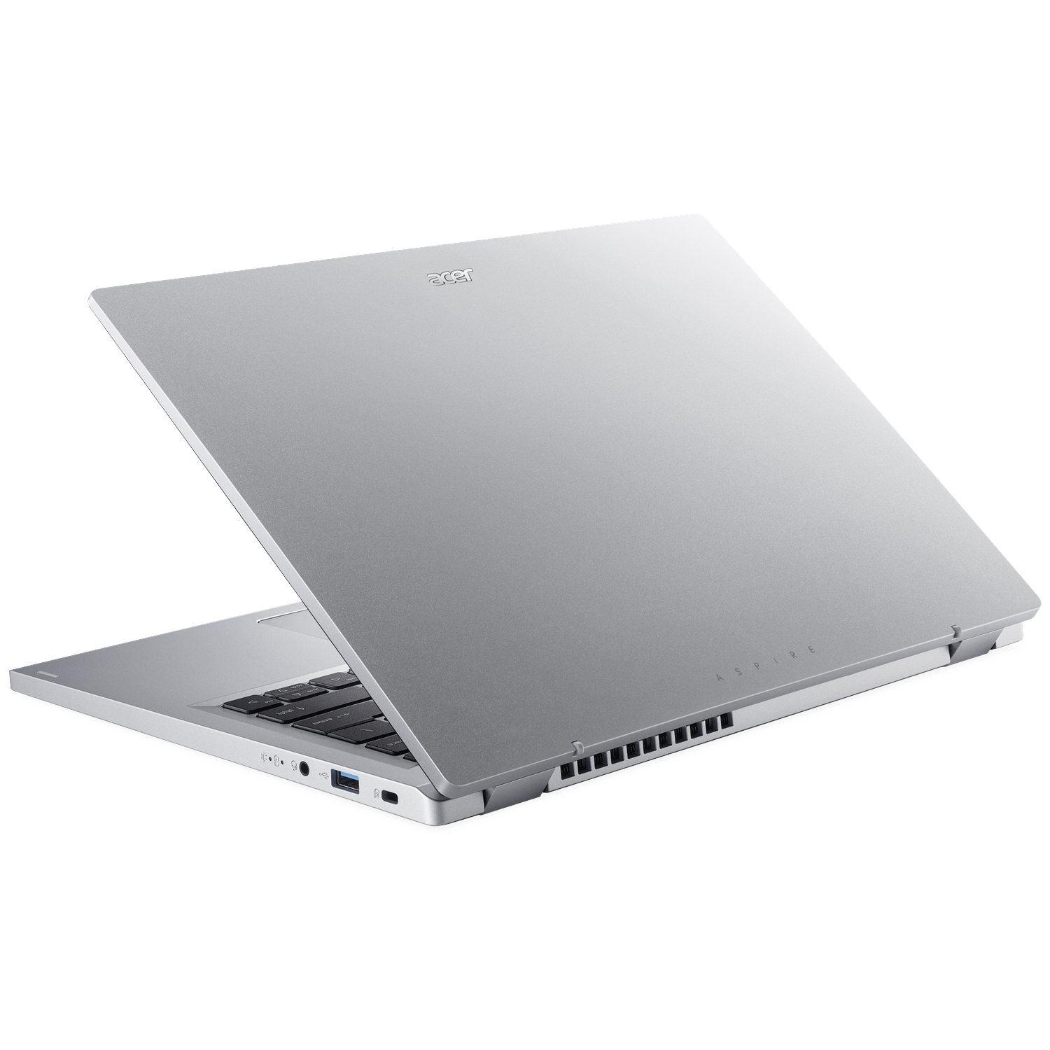 Silver Acer Aspire laptop open at an angle. Keyboard visible. The word 'Aspire' is on the bottom edge. Acer logo at top.