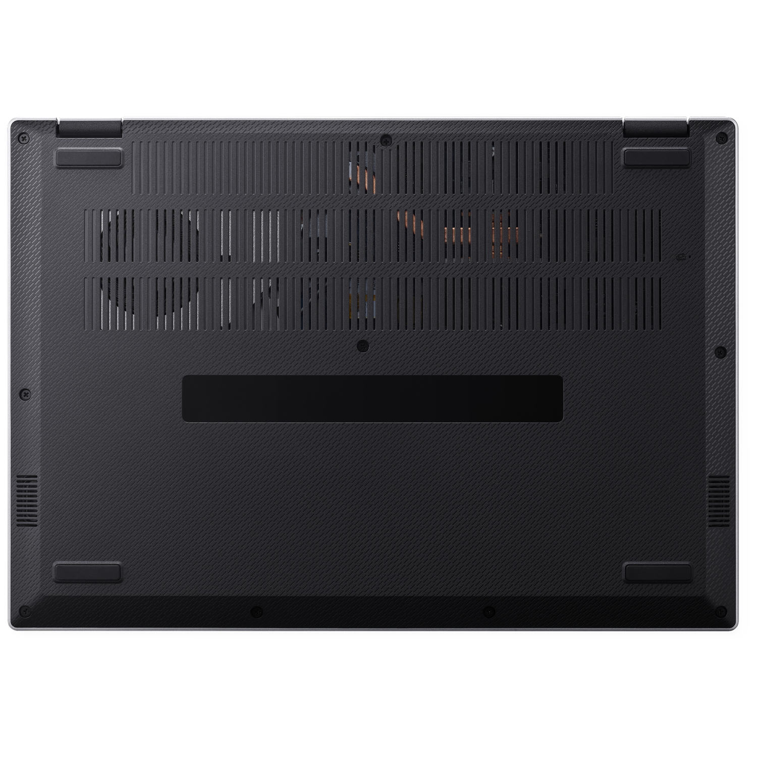 The underside of a black laptop. Features include vents, screws, and a textured surface. The laptop is against a white background.