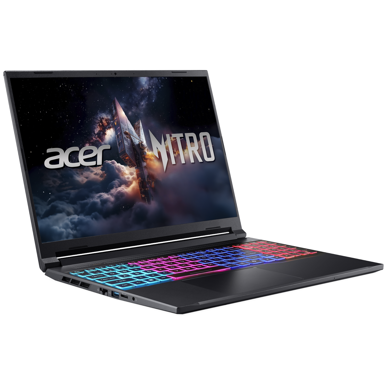 Acer Nitro laptop. The screen shows a space scene with a ship. Keyboard has colorful lights. Black body.