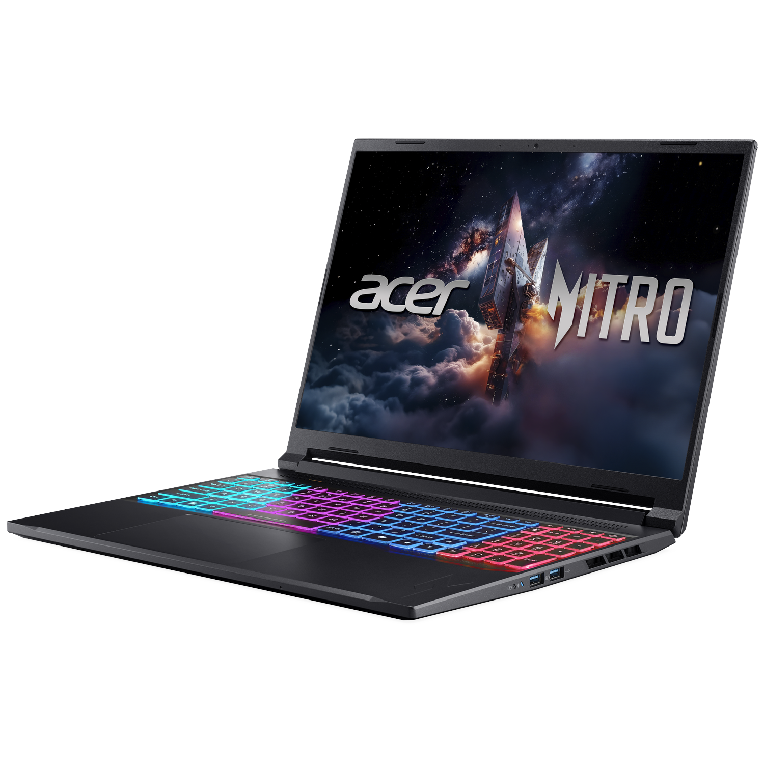 Black Acer Nitro laptop on white background. Screen displays a spaceship image. Keyboard has colorful backlighting.