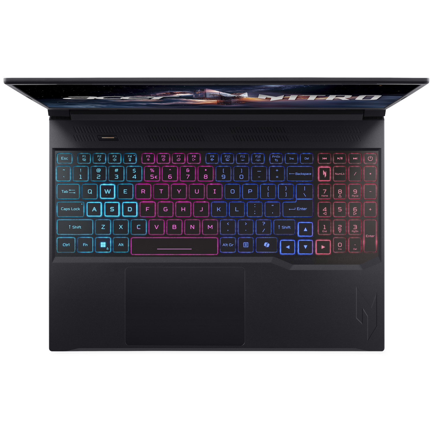 Black laptop, keyboard lit with rainbow colors. The screen shows a landscape. Top-down view.