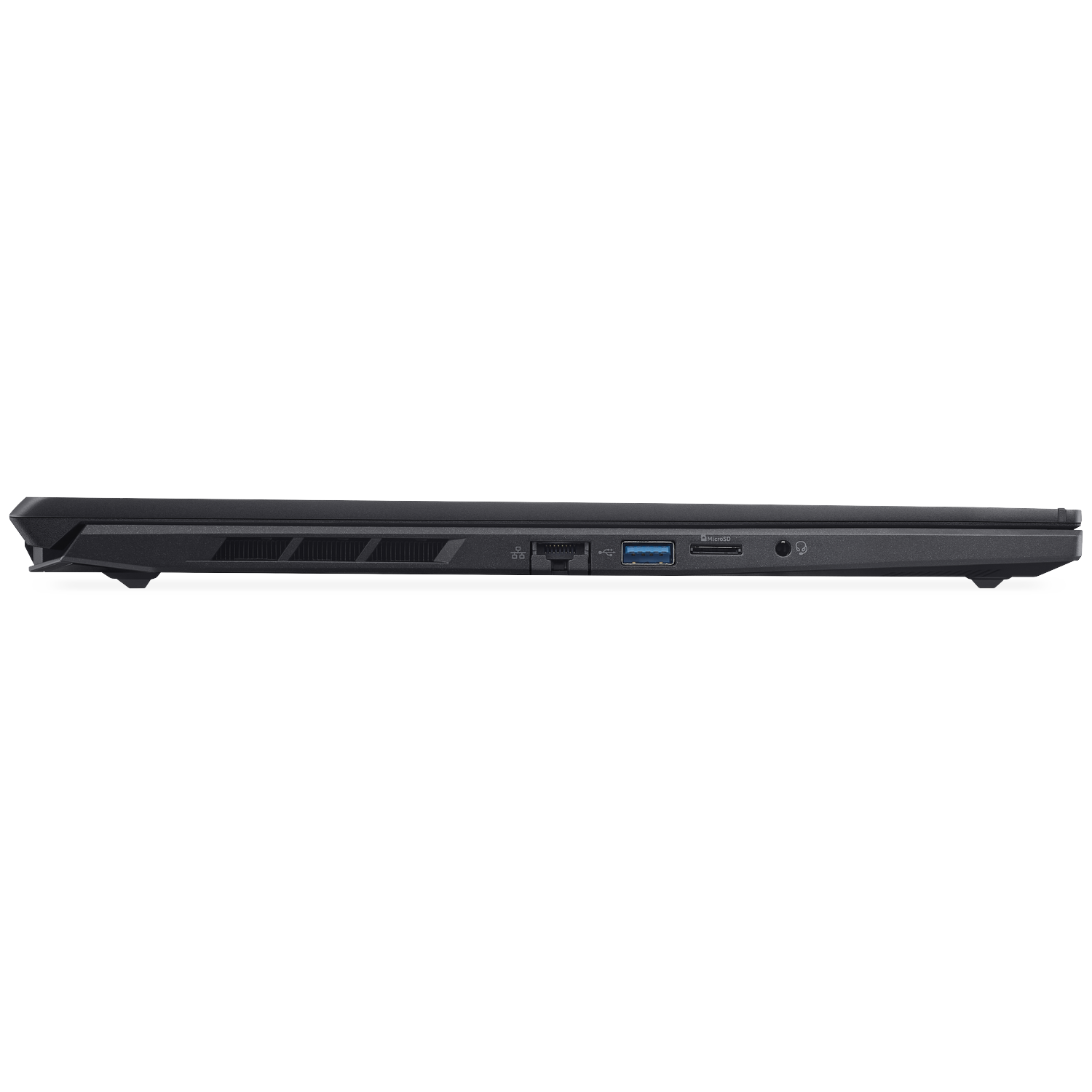 Side view of a black laptop. Visible ports include USB, HDMI, and audio jack. The laptop is on a white background.