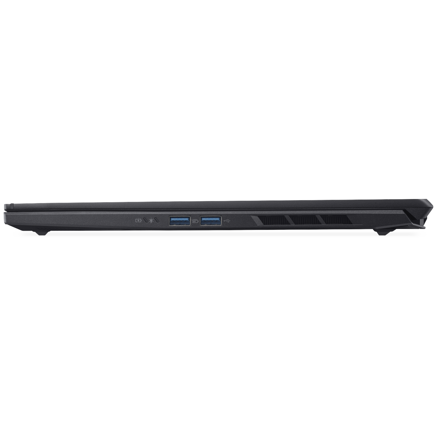 Side view of a black laptop. USB ports and other input ports are visible. The laptop is on a white background.