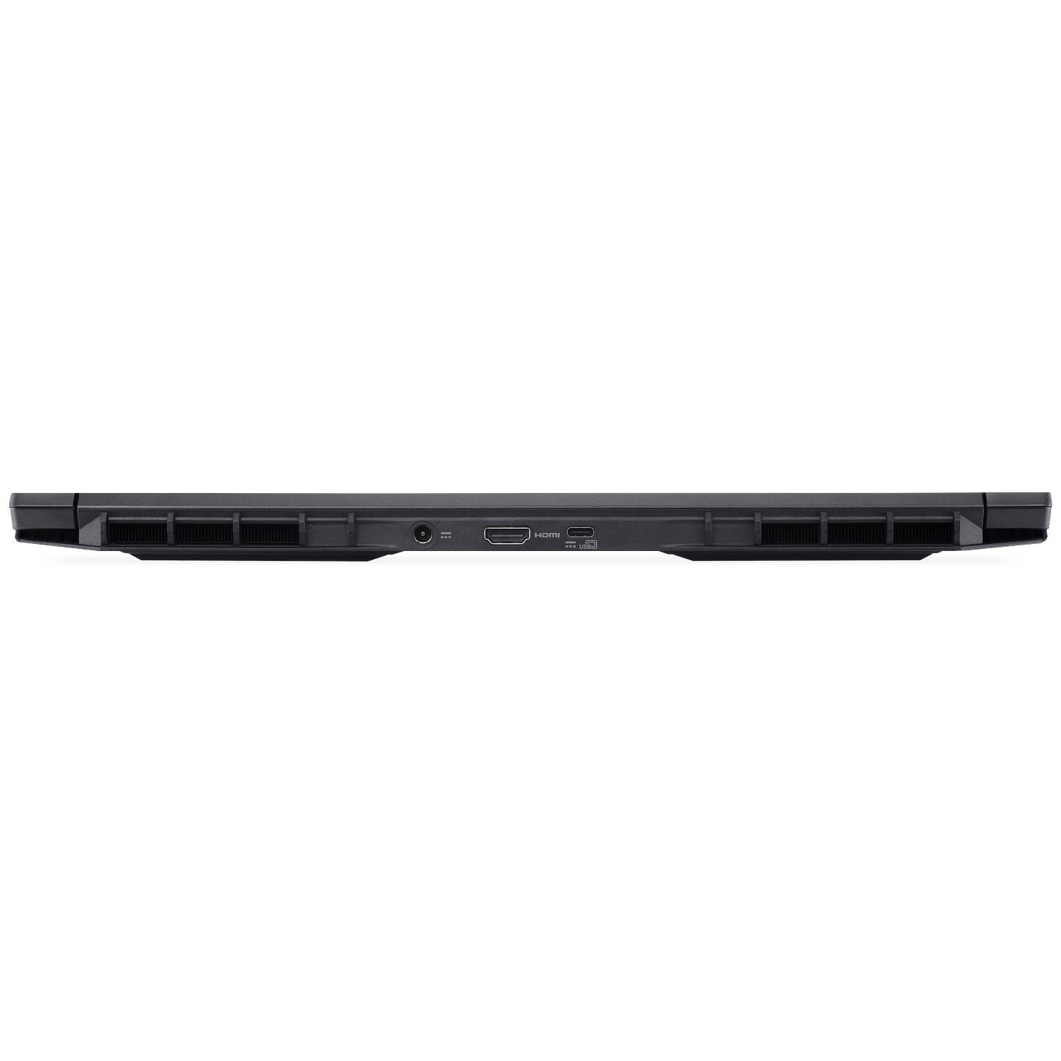 Bottom edge of a black laptop. Visible ports include power, HDMI, and USB. Vents are visible on either side. White background.