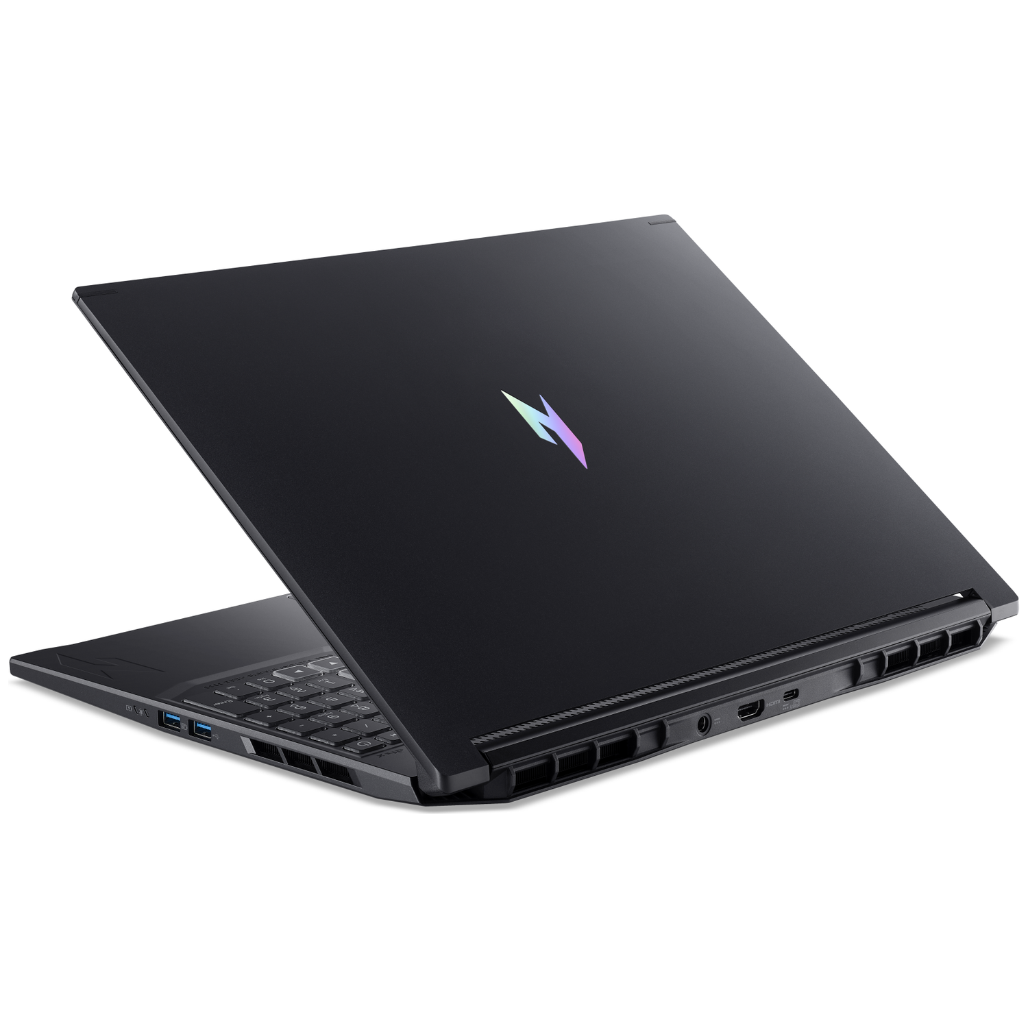 Black laptop, open, showing keyboard and ports on the sides. The lid has a logo and is at an angle, on a white background.