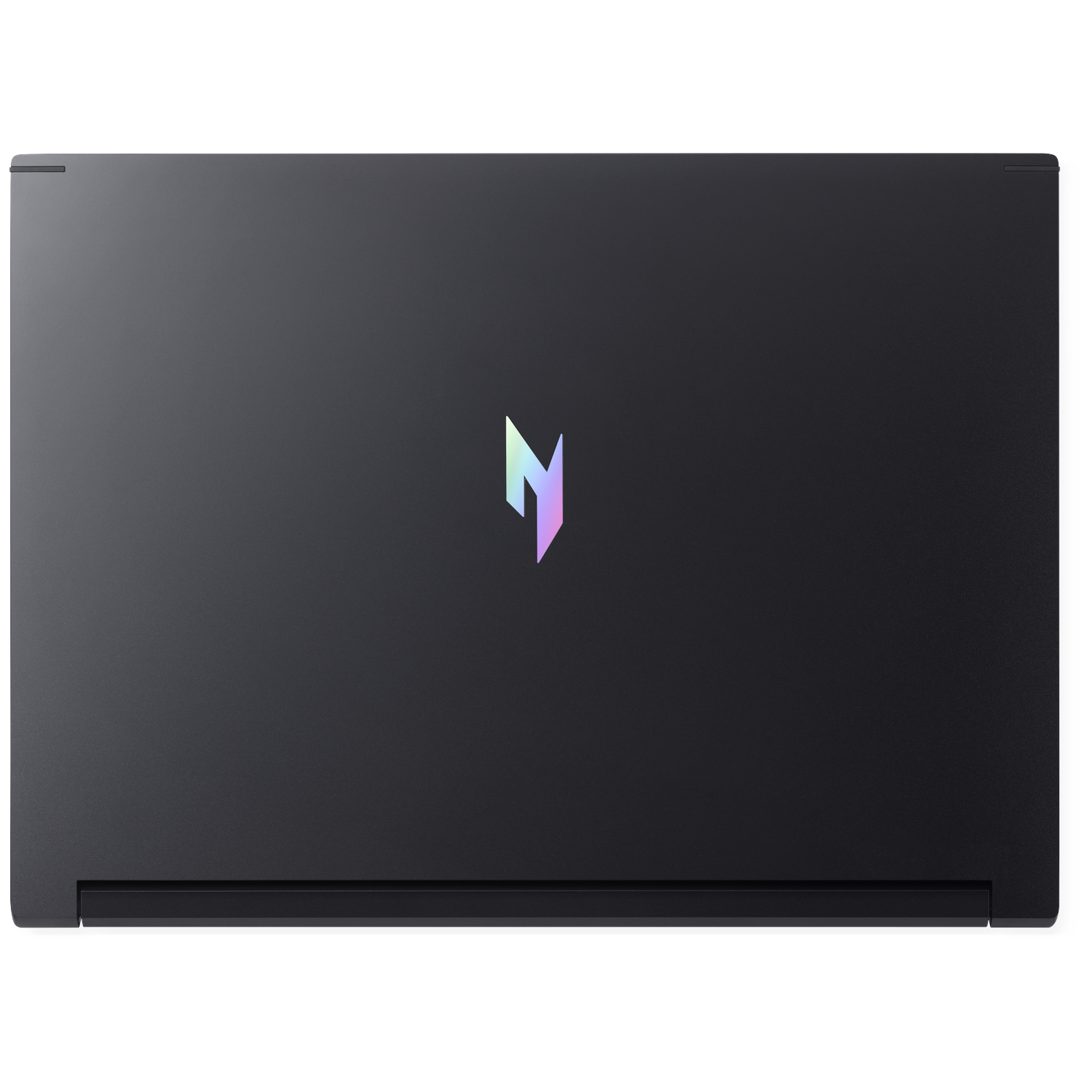A closed, black laptop, viewed from above. The lid displays a stylized, multi-colored logo. The laptop is on a white surface.