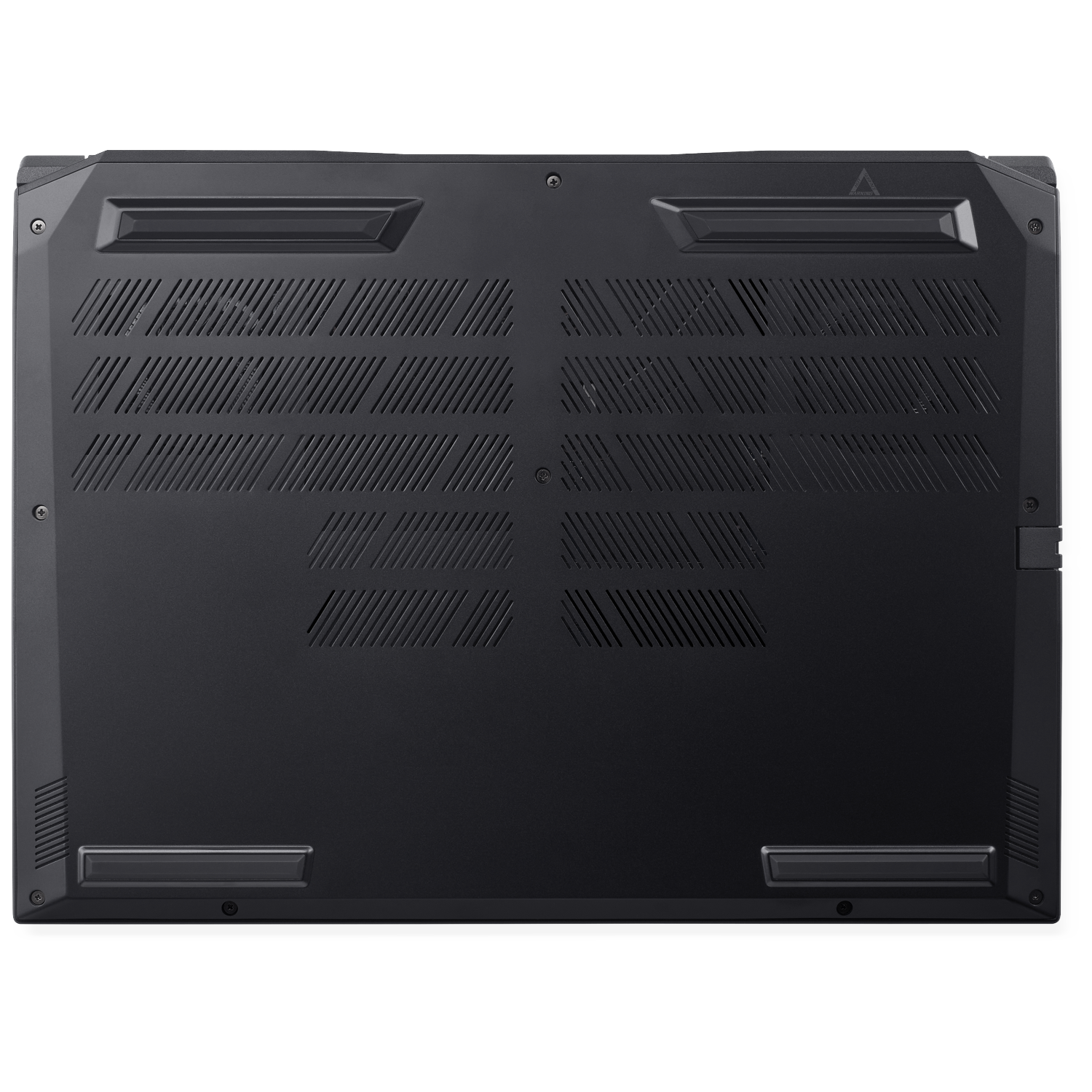 The bottom of a black laptop is shown. It has vents, screws, and a rectangular design.