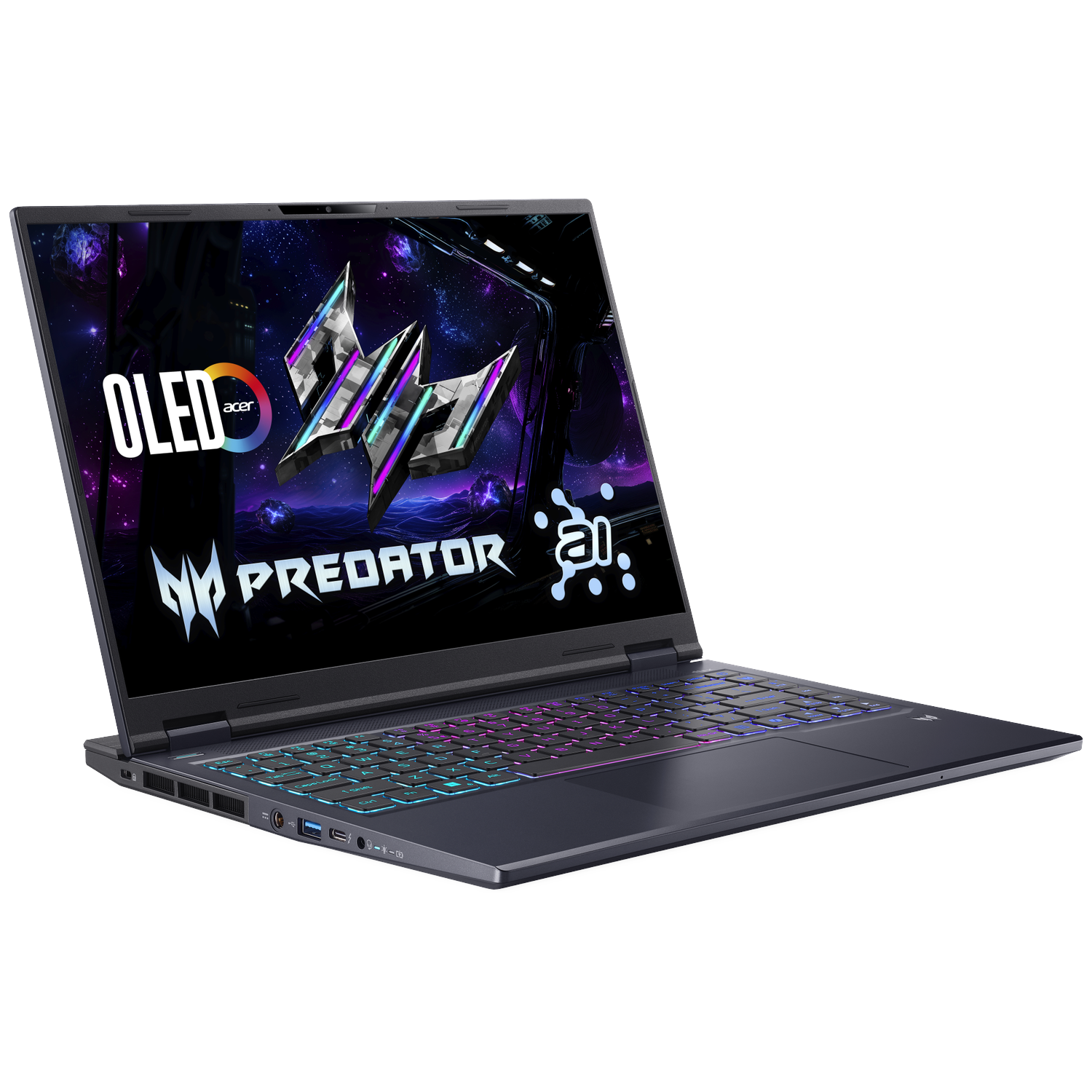 Acer Predator gaming laptop on white background. Screen shows the Predator logo and OLED text. Keyboard has colorful backlighting.