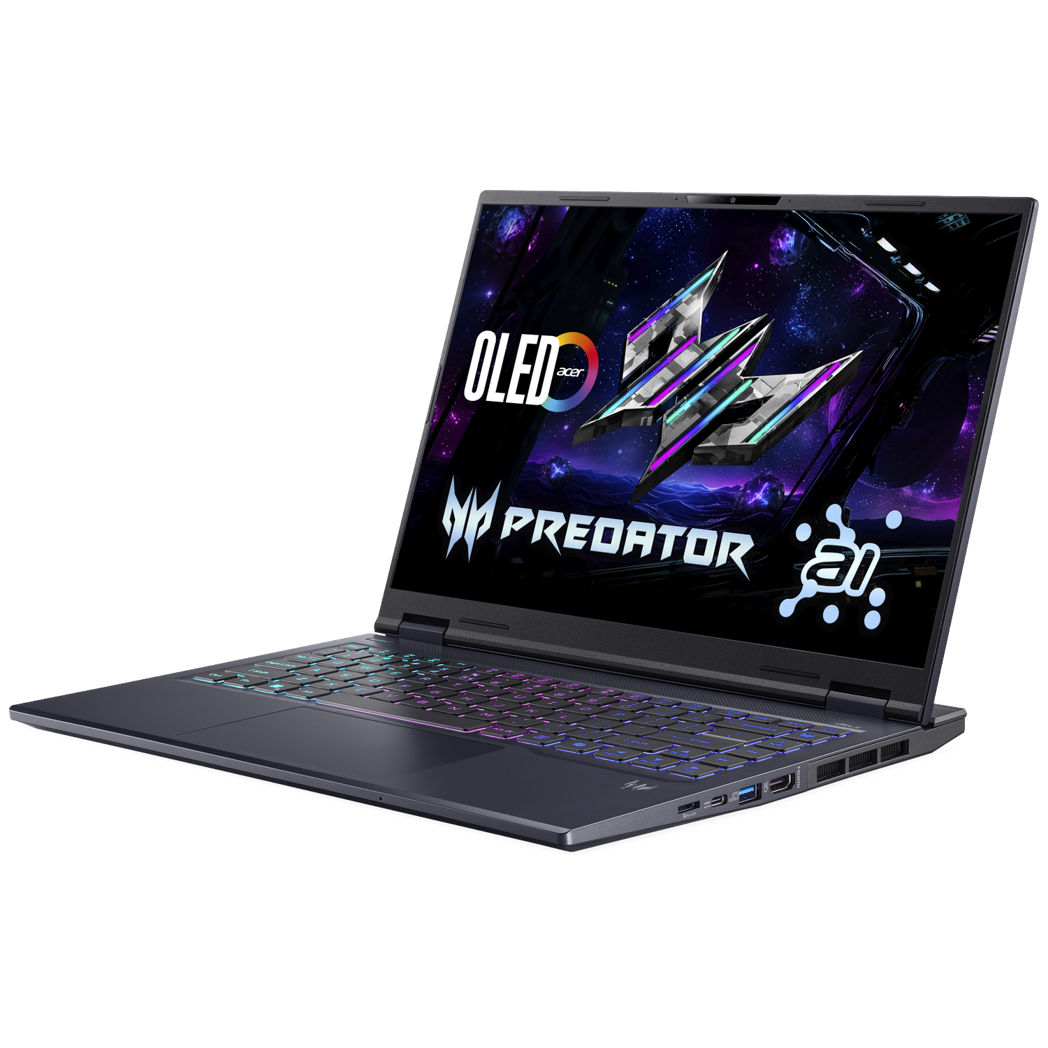 A dark gray Acer Predator laptop is slightly open. The screen displays a colorful logo. The keyboard is lit with multiple colors.