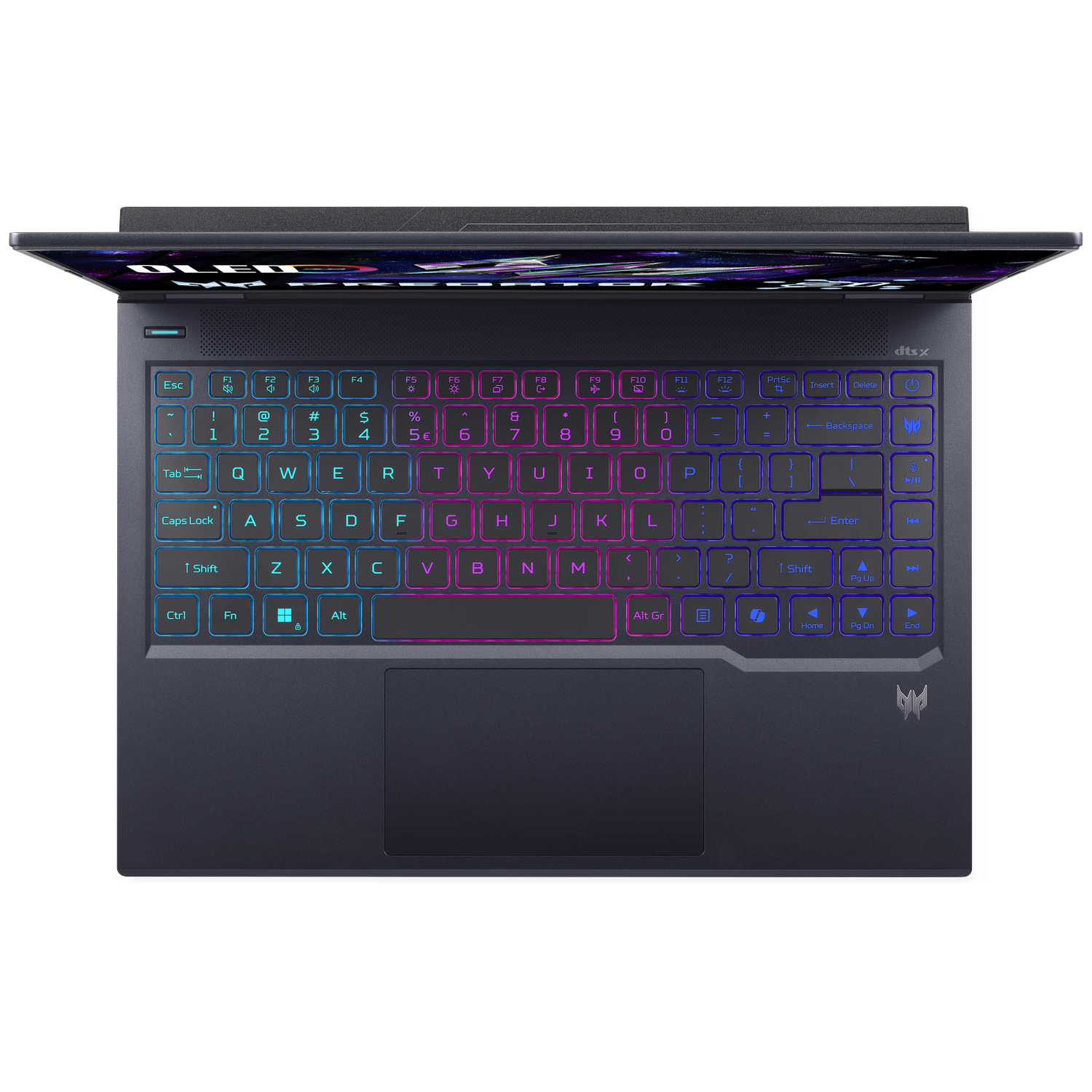 Top view of a dark laptop. The keyboard has colorful backlight. The touchpad is below the keyboard. The screen is open.