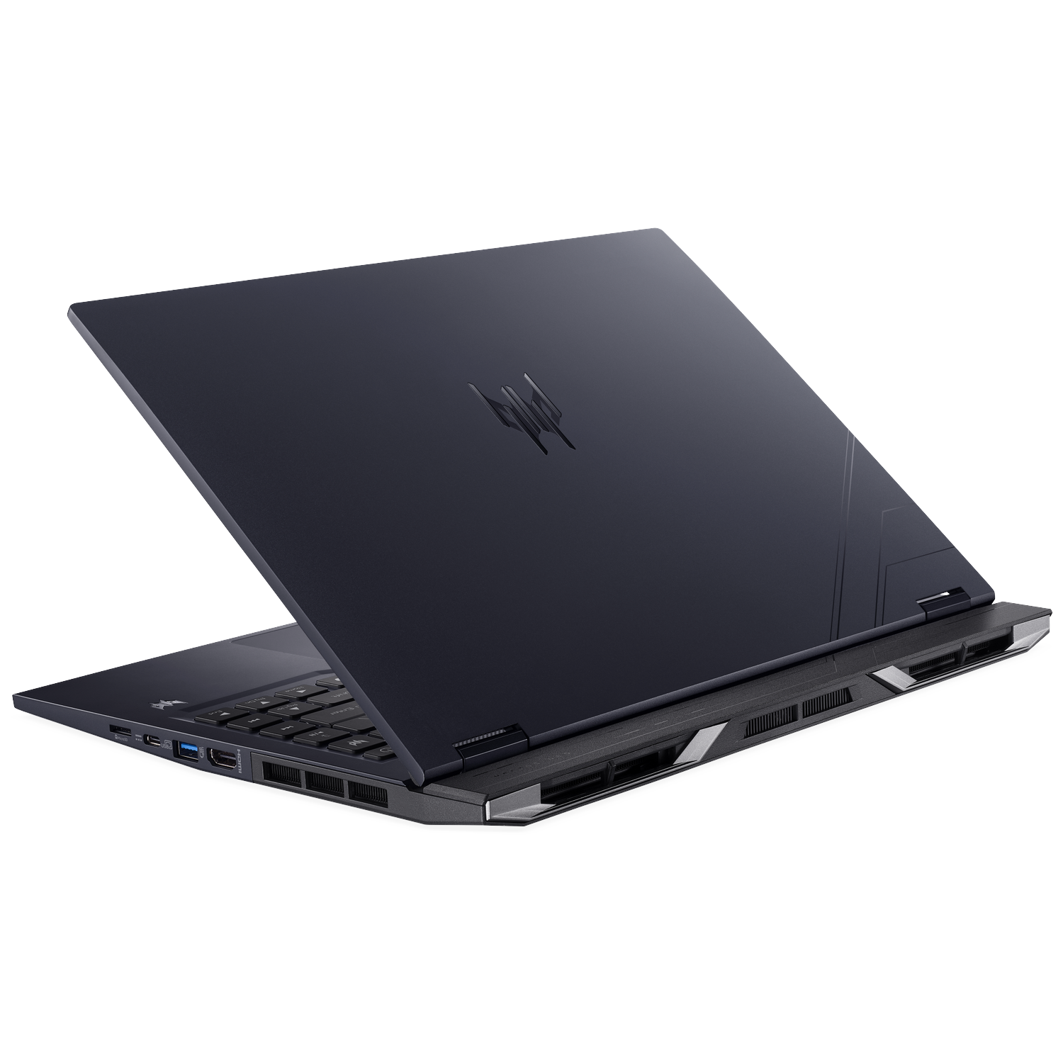 A dark blue laptop is slightly open, showing the keyboard. The back of the laptop has a logo and a design.
