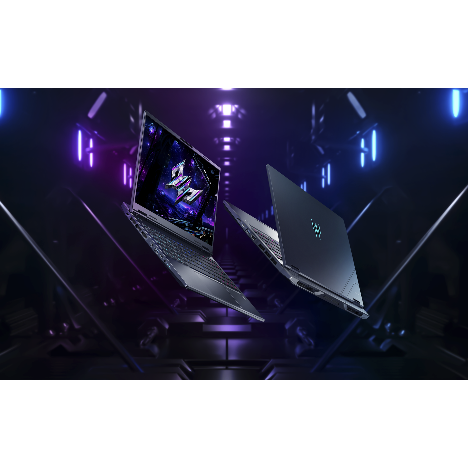 Two laptops hover in a purple and blue lit space. One displays a galaxy image, the other's back is visible.