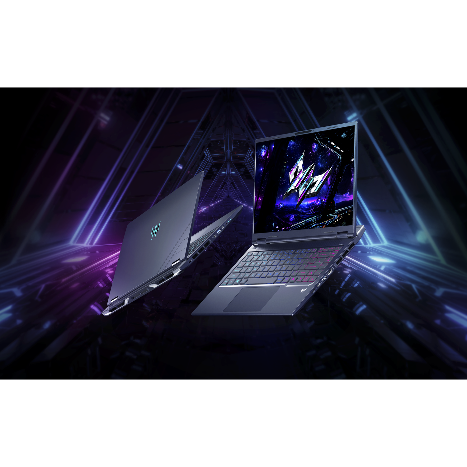 Two gaming laptops, one open, displaying a logo. Purple and blue neon lighting in the background, with a dark, futuristic aesthetic.