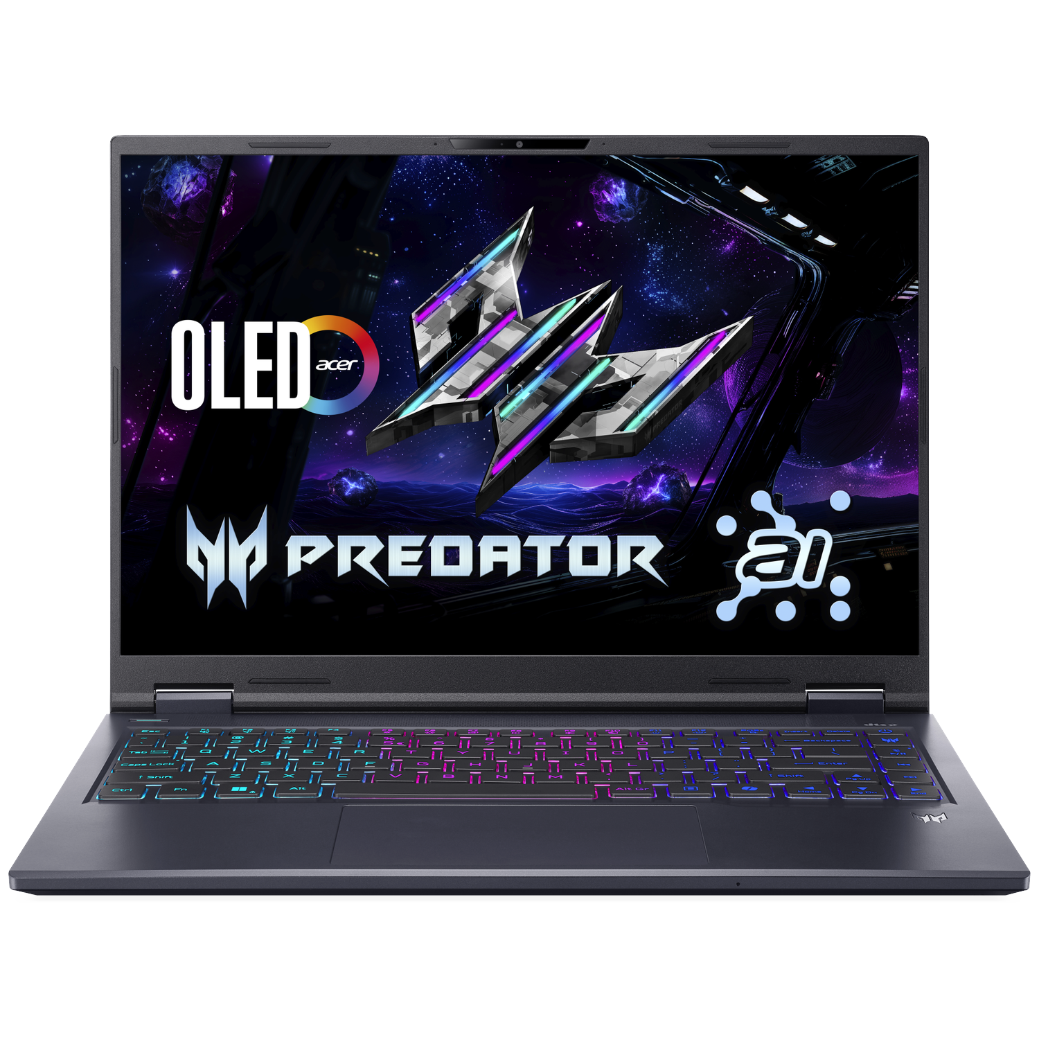 Acer Predator laptop. Scherm toont ruimtescène met logo. Toetsenbord met RGB-verlichting. Zwarte behuizing.