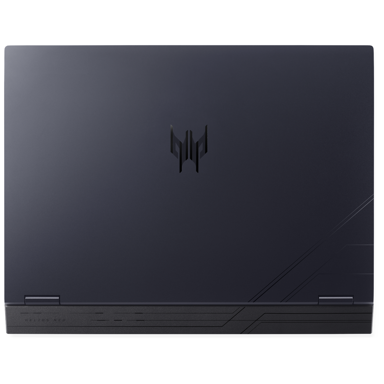Donkerblauwe laptopdeksel, Predator-logo gecentreerd. 'Helios Neo' onderaan. Diagonale lijnen. Zwarte scharnieren. Strak ontwerp.