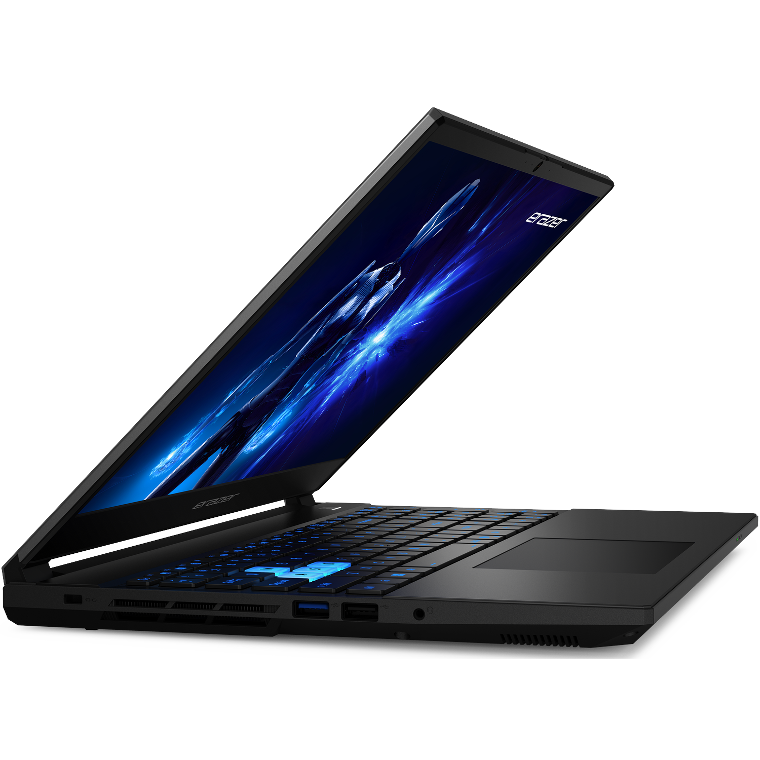 Black Acer laptop open, screen showing blue abstract design. Keyboard has blue backlit keys. The laptop is on a white surface.